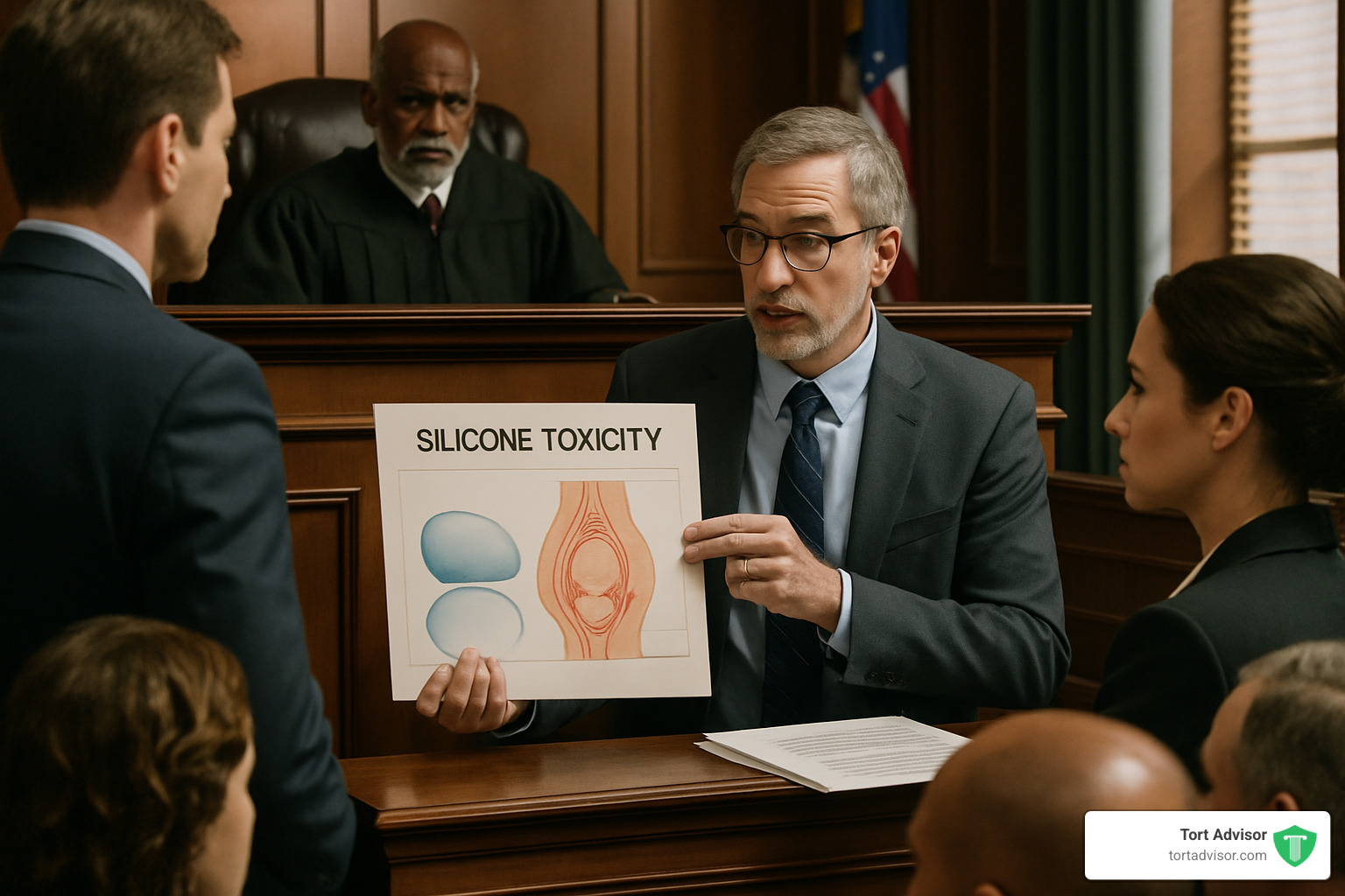 Courtroom scene with expert witness testifying about silicone toxicity - breast implant lawsuit silicone toxicity