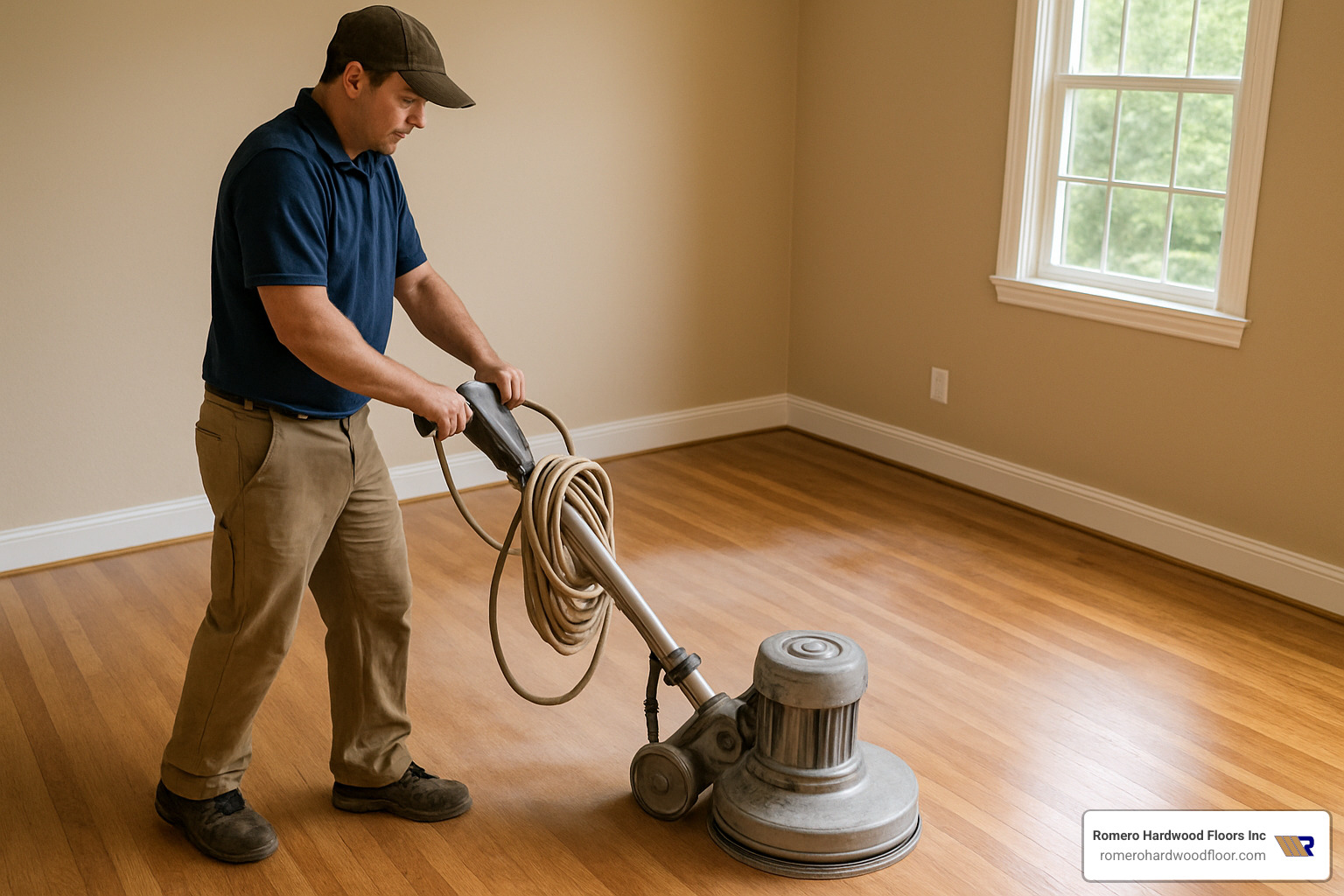 Buffer being used to screen hardwood floor before recoating - fixing scratched floors