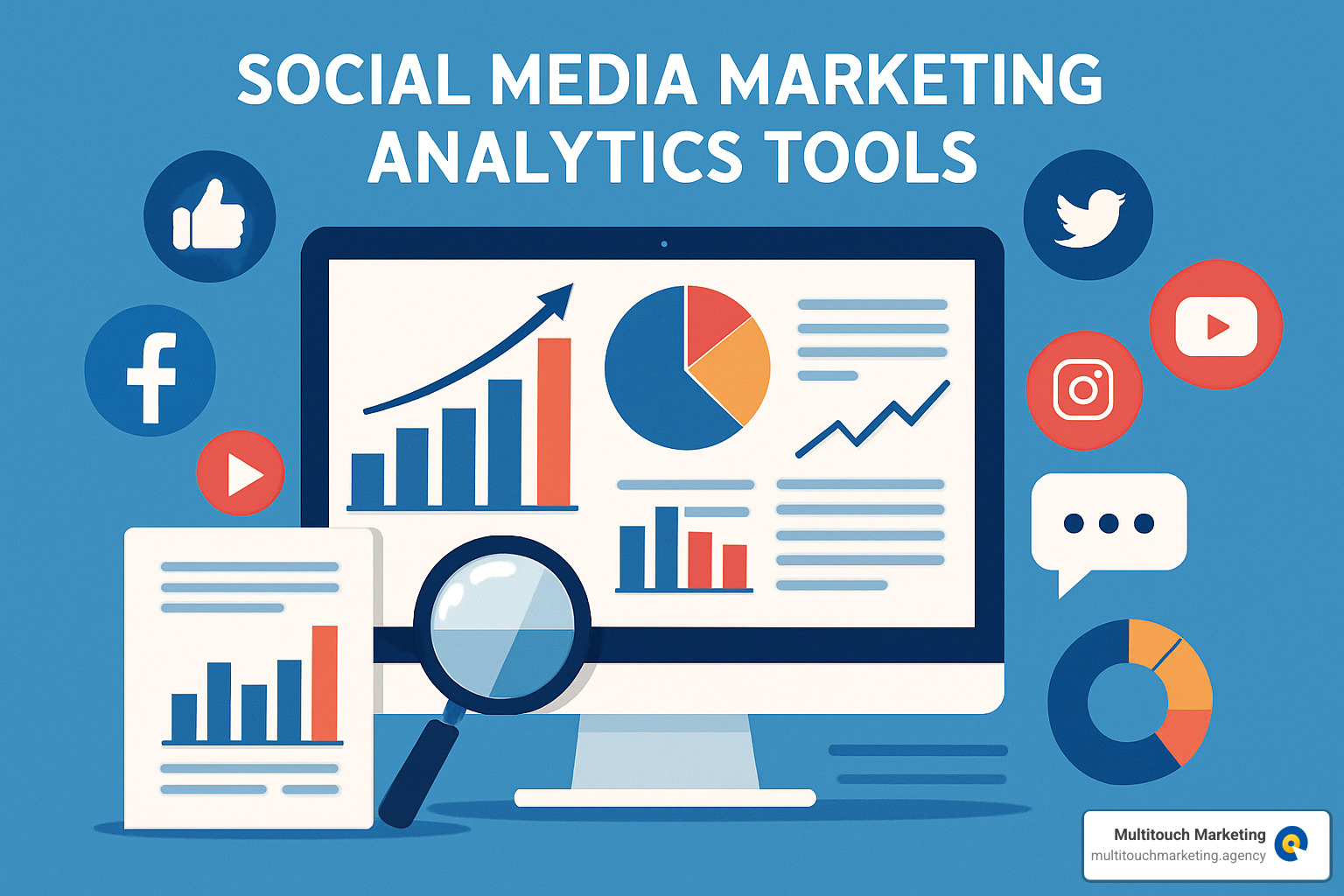 Marketer analyzing social media performance on multiple screens with colorful graphs and charts - social media marketing analytics tools