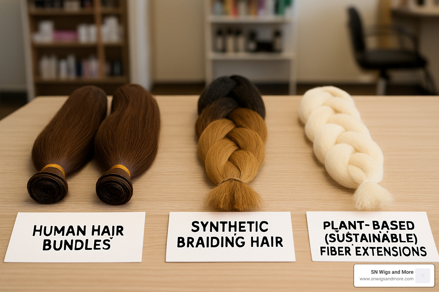 different types of braiding hair displayed with labels - braids and natural hair