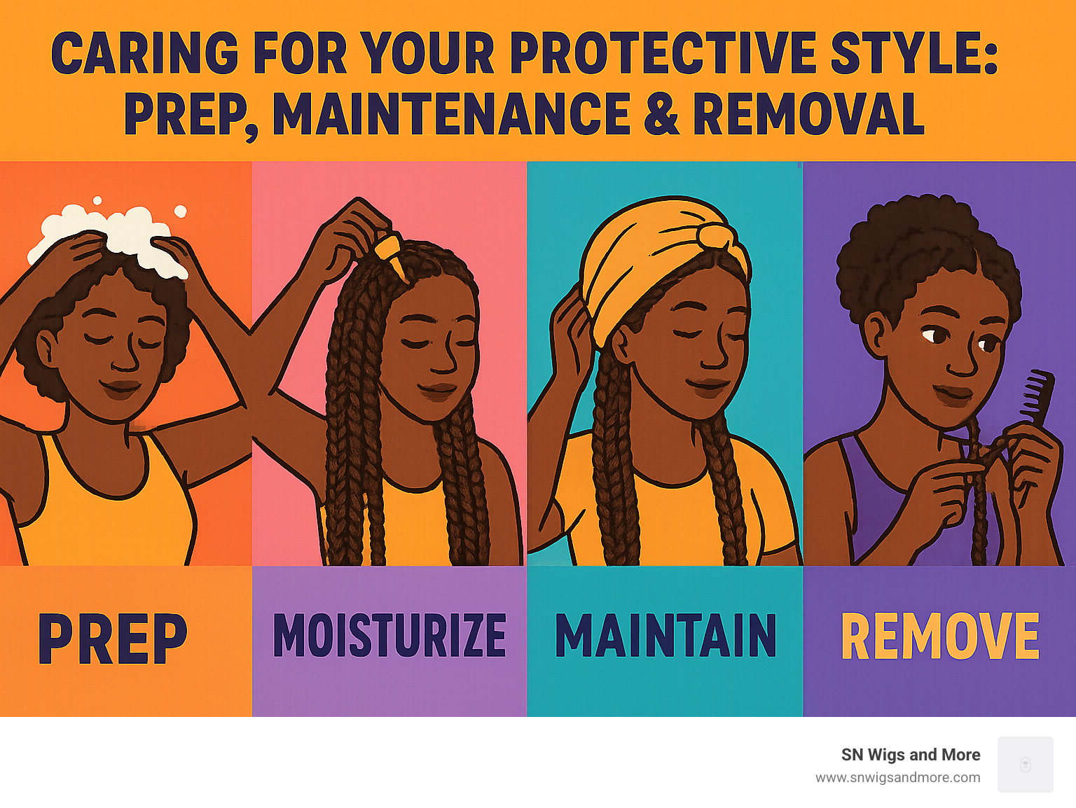 infographic showing timeline from prep to removal of protective styles, with maintenance steps in between - braids and natural hair infographic 