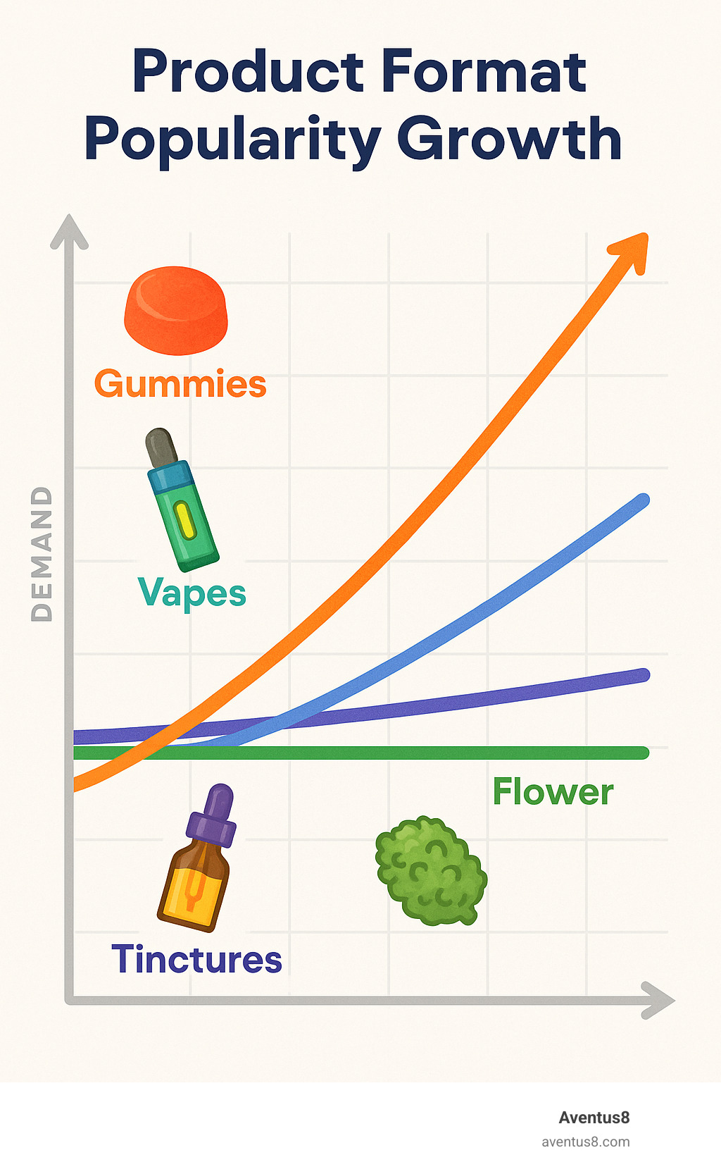 Product format popularity growth showing increasing demand for gummies, vapes, and tinctures while flower remains stable - Best Delta 8 brands infographic 