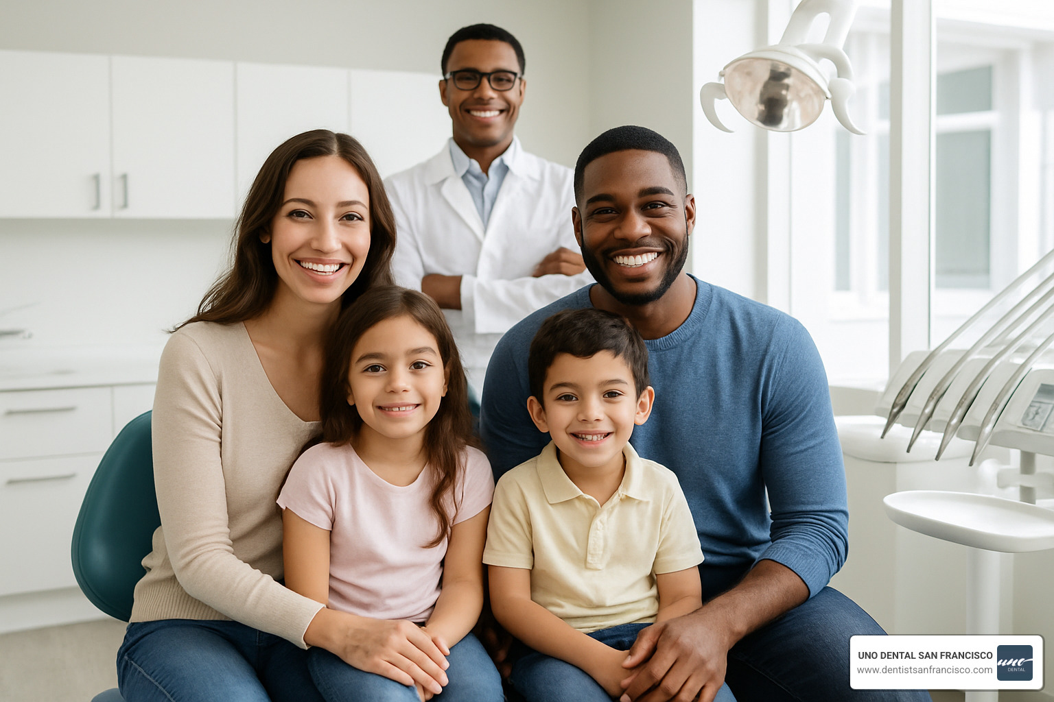family smiling together at dental office - childrens dentist near me