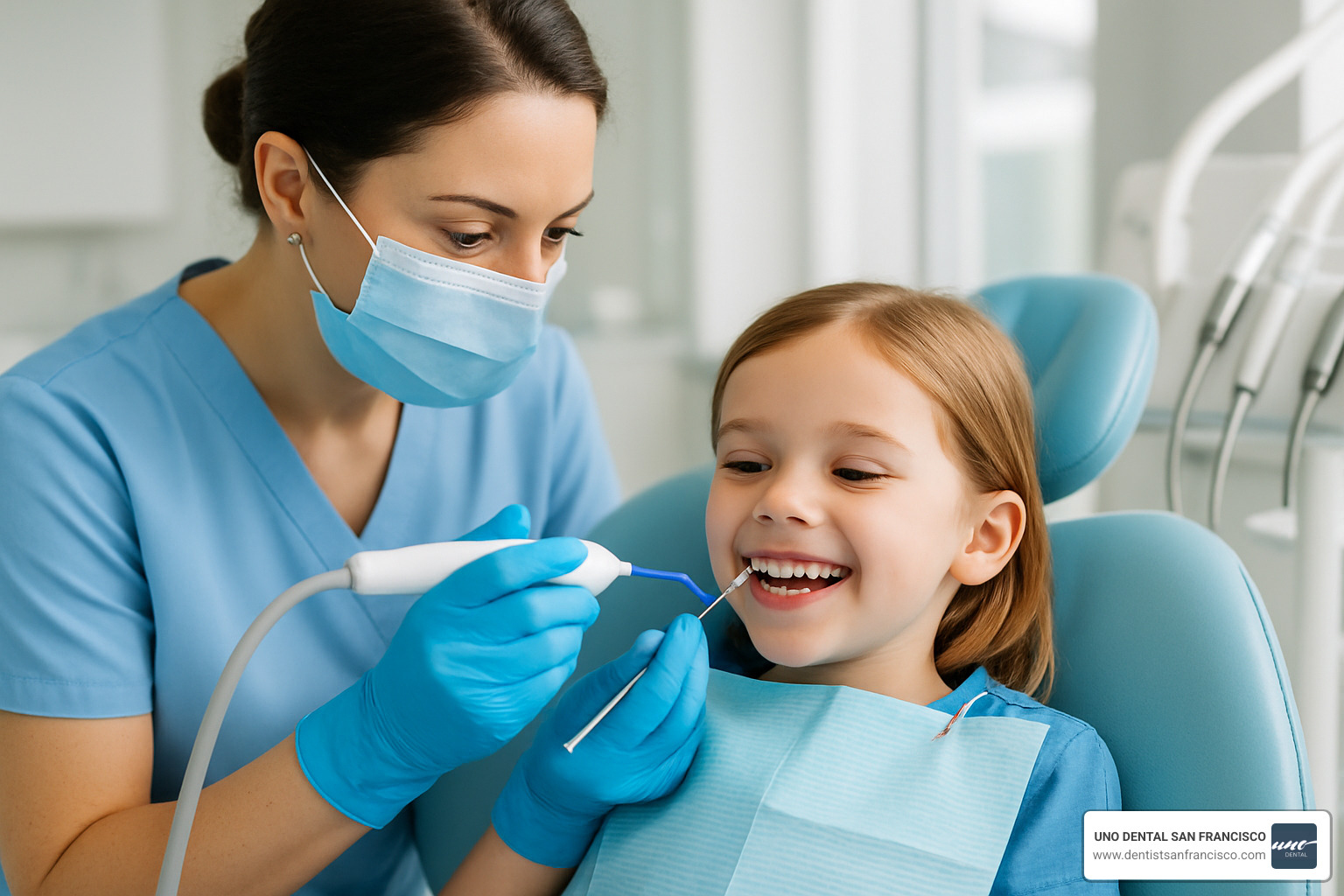 hygienist applying dental sealant to child's tooth - childrens dentist near me