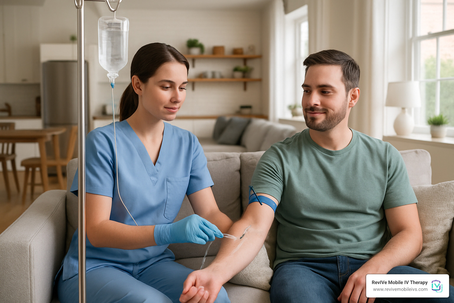 nurse administering home IV therapy to client in living room - home iv service