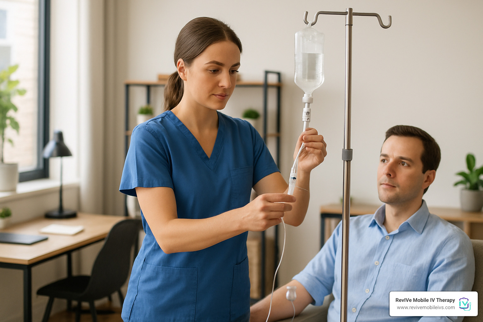 nurse setting up IV drip in office environment - home iv service