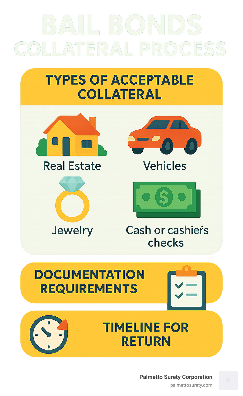 Bail bonds collateral process showing types of acceptable collateral, documentation requirements, and timeline for return - bail bonds that take collateral near me infographic