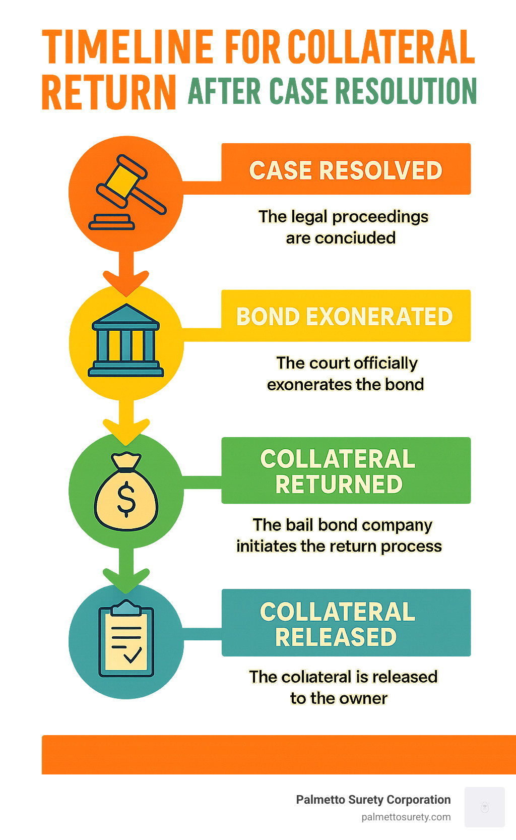 Infographic showing the timeline and process for collateral return after case resolution - bail bonds that take collateral near me infographic