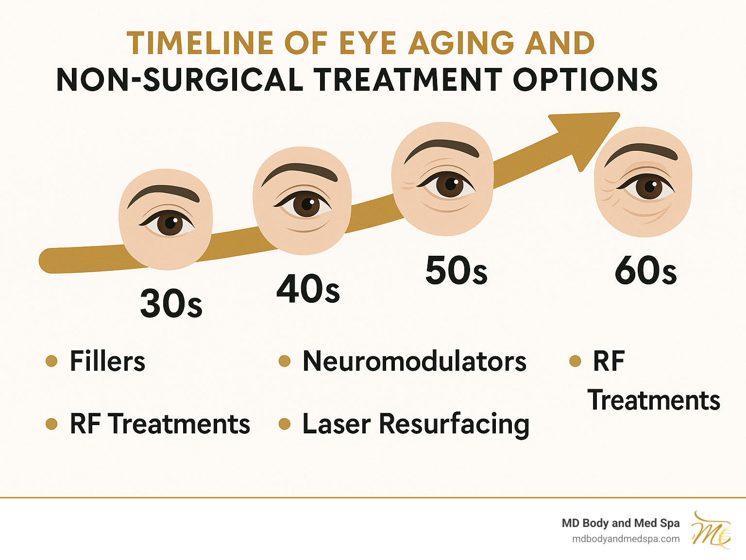 Timeline of eye aging and non-surgical treatment options showing progression from 30s to 60s with corresponding treatment recommendations including fillers, neuromodulators, RF treatments, and laser resurfacing - eye rejuvenation without surgery infographic 