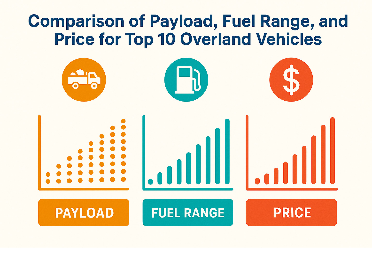 Comparison of payload, fuel range, and price for top 10 overland vehicles - best overland vehicles infographic 