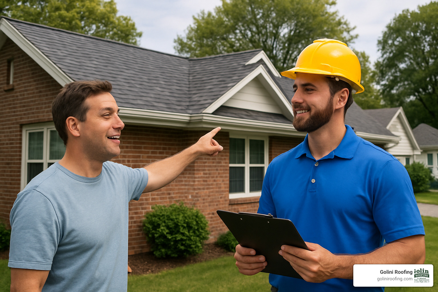 customer reviewing roofing work with contractor - roofing contractors near me