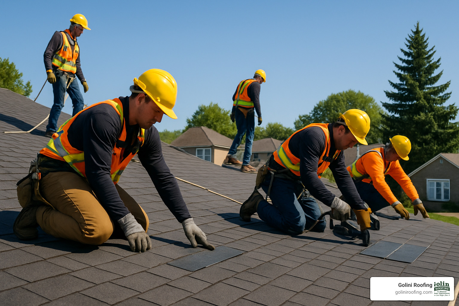 professional roofers working on a residential roof - roofing contractors near me