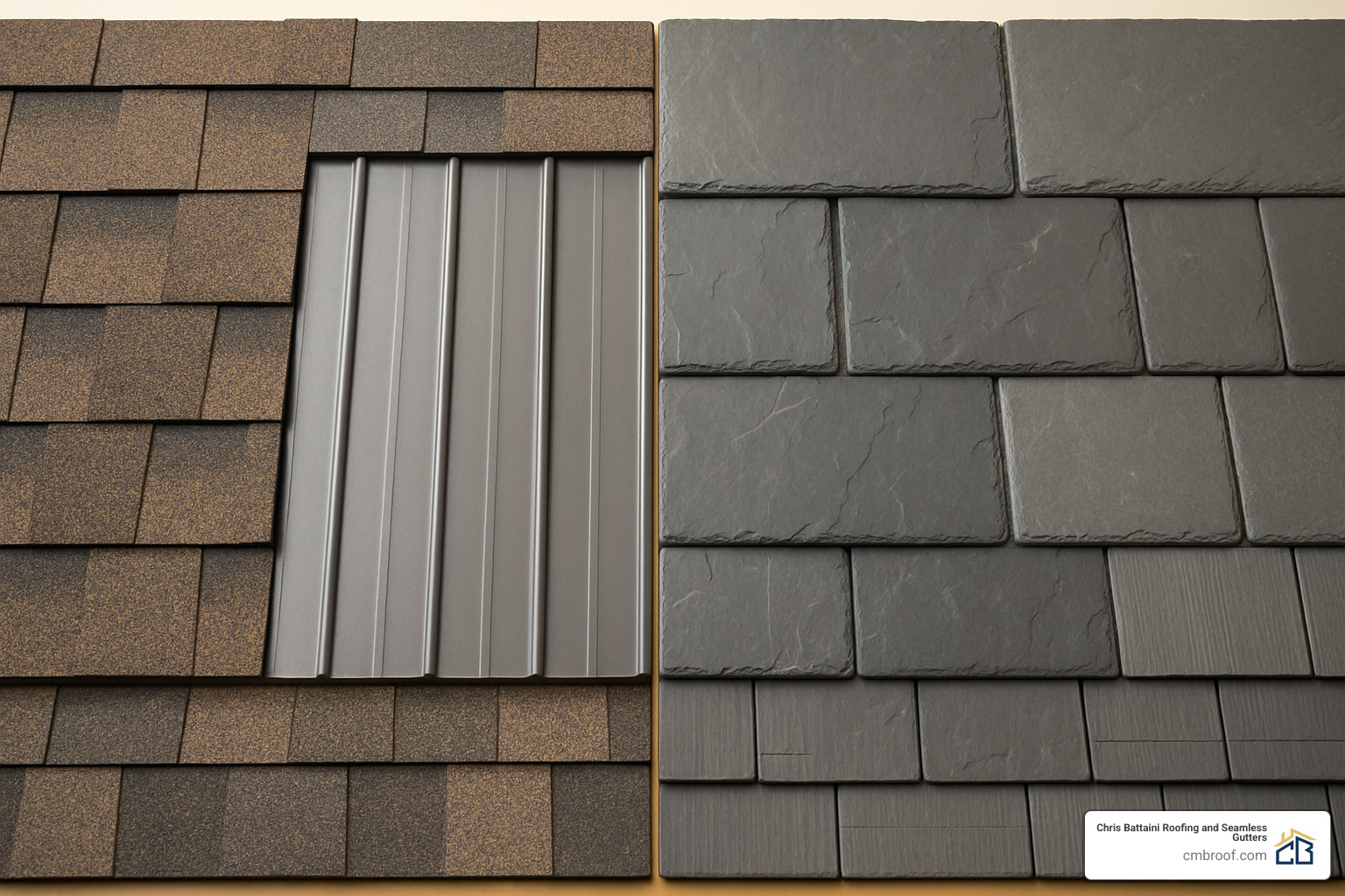 Different roofing material samples showing textures and colors - roof contractor near me