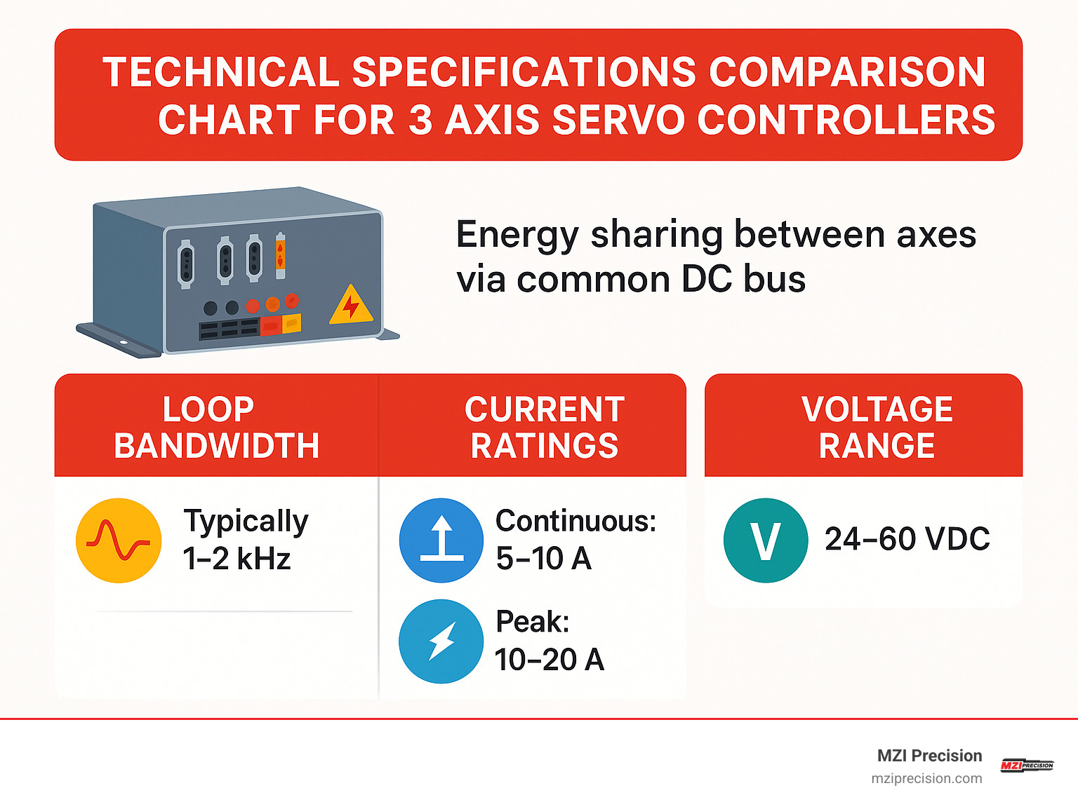 Technical specifications comparison chart for 3 axis servo controllers - 3 axis servo motor controller infographic