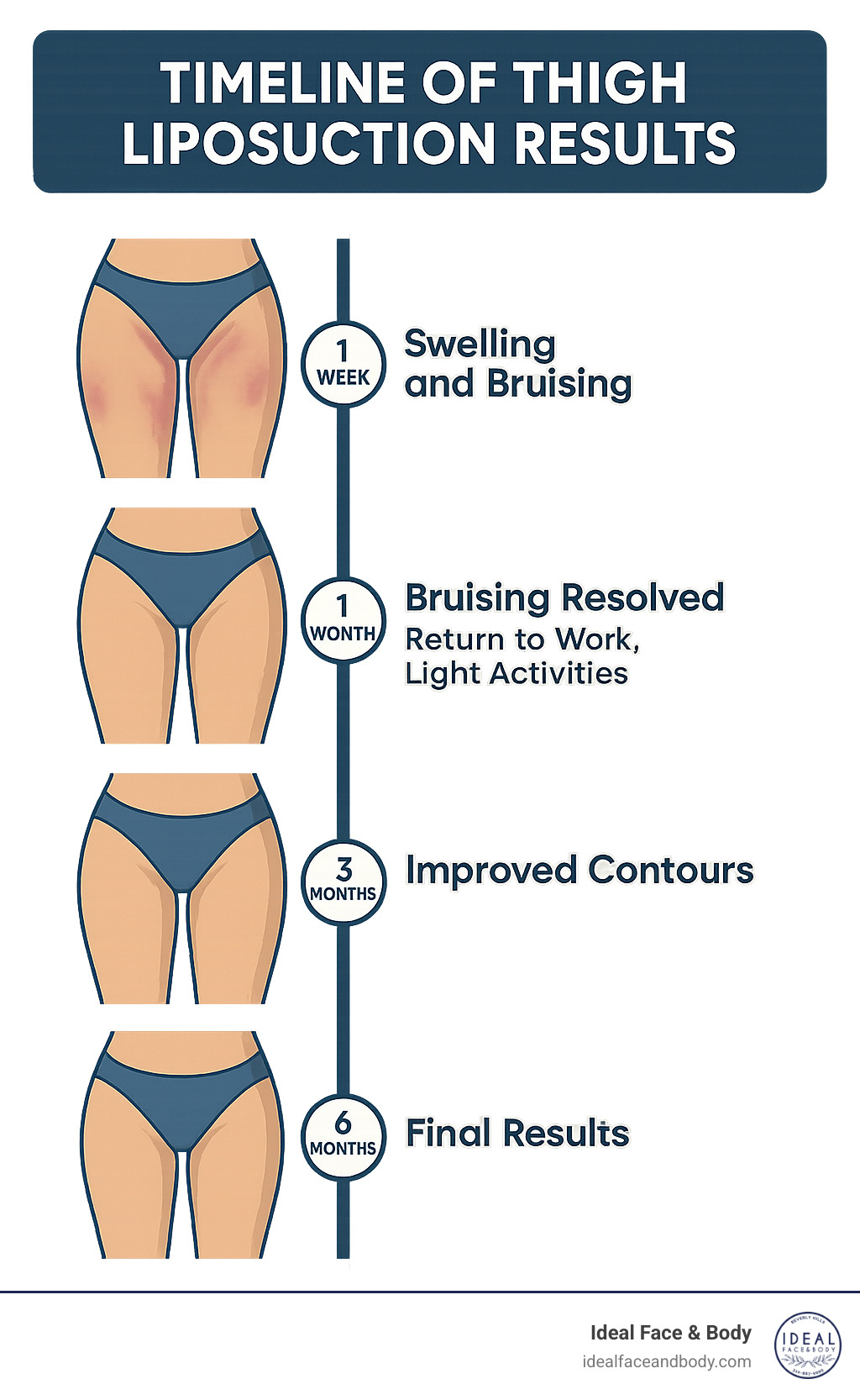 Timeline of thigh liposuction results showing progression from 1 week to 6 months, with photos demonstrating initial swelling and bruising gradually resolving to reveal final contoured results, alongside recovery milestones and activity resumption timeline - liposuction before and after thighs infographic 