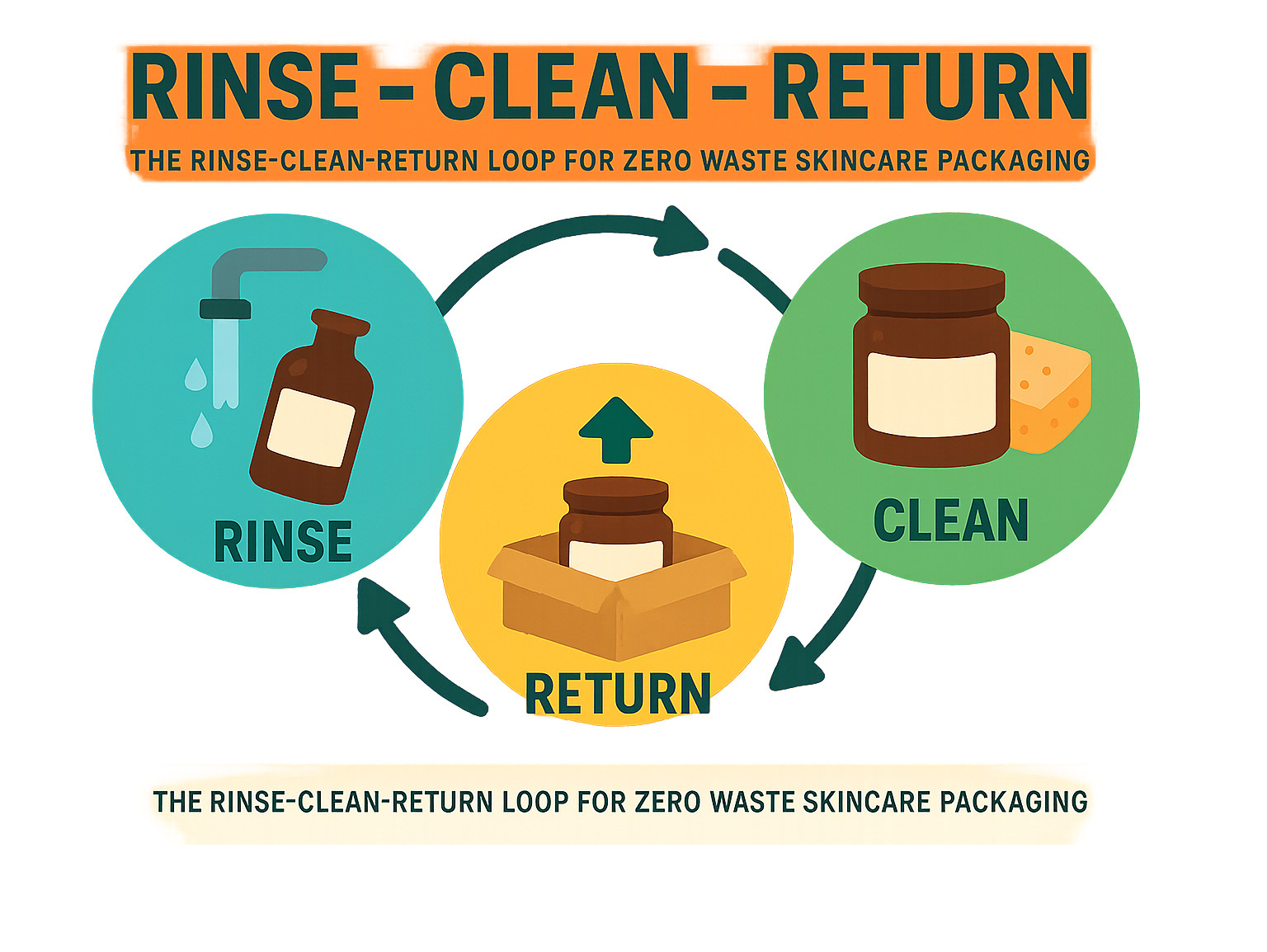 Infographic explaining the rinse-clean-return loop for zero waste skincare packaging - zero waste vegan skincare infographic 