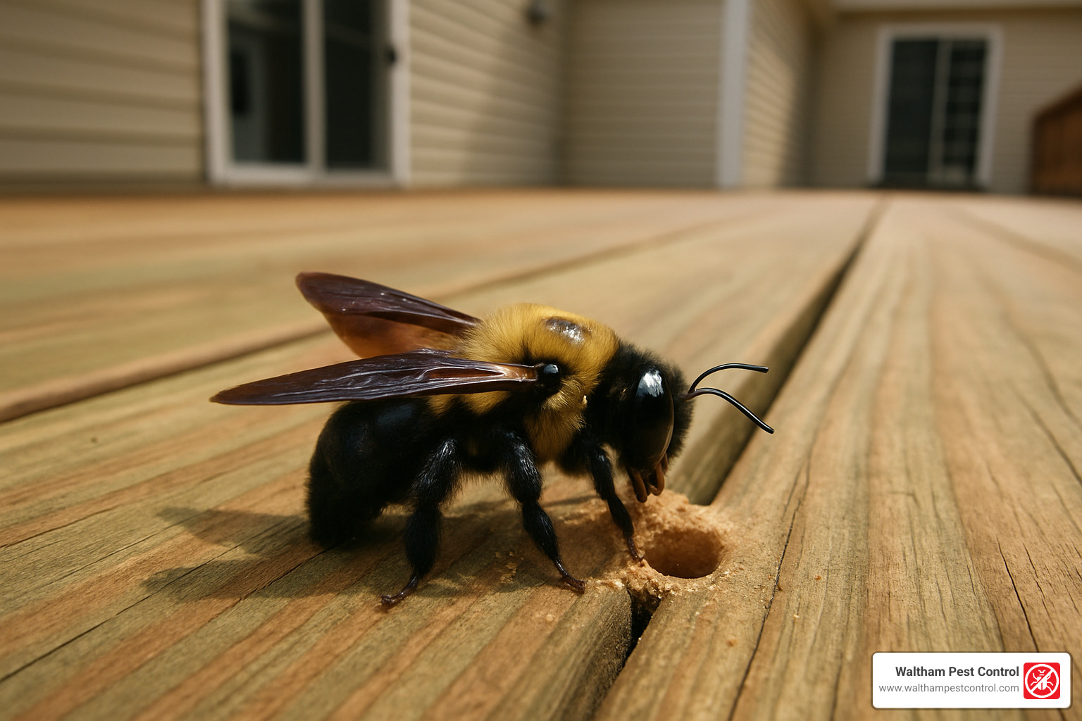 carpenter bee boring into pressure treated deck board - carpenter bees and pressure treated wood