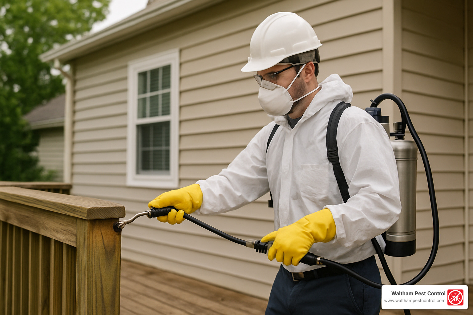 professional carpenter bee treatment in progress - carpenter bees and pressure treated wood