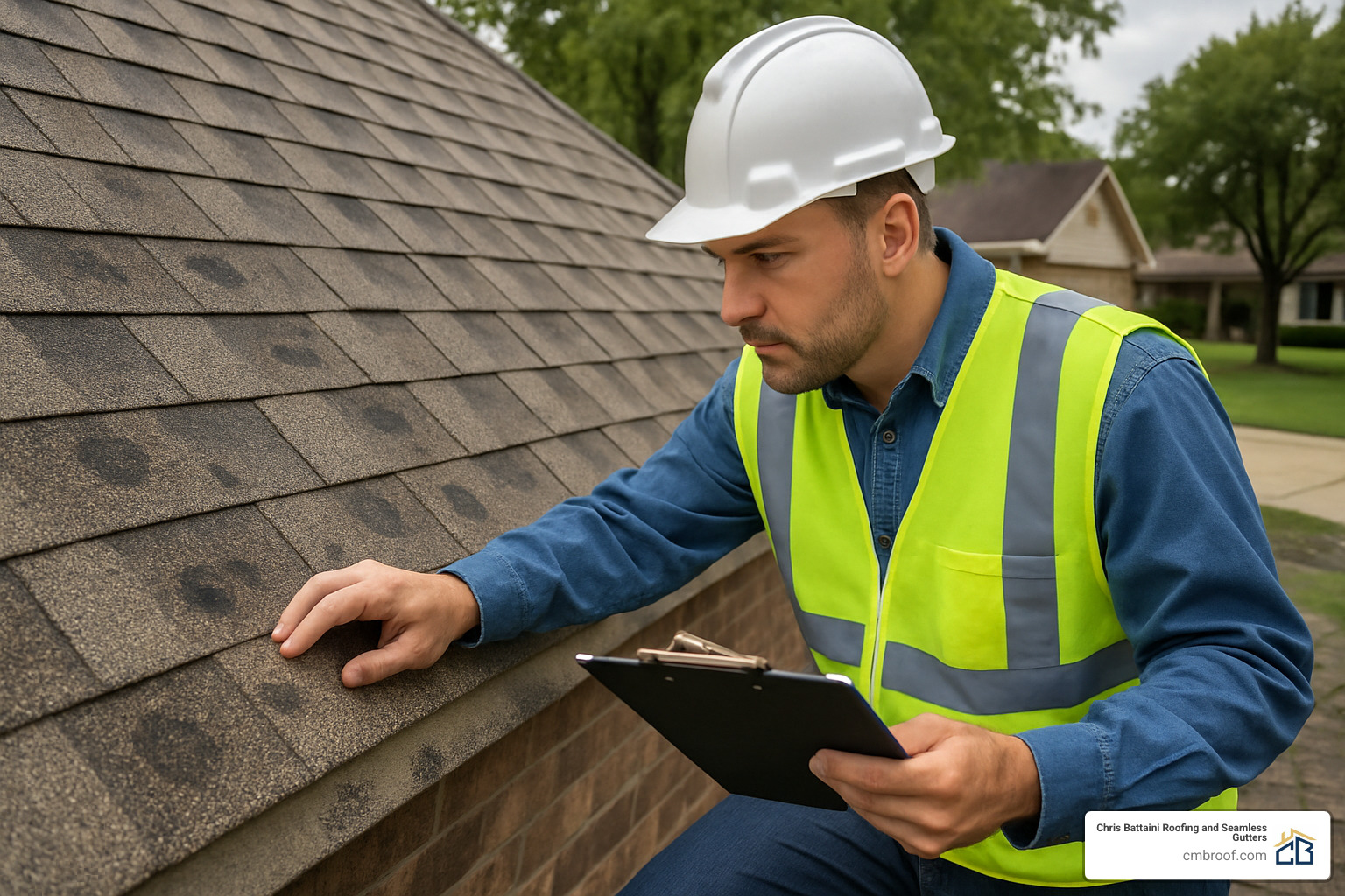 Insurance adjuster inspecting shingles for hail damage - roof contractor near me
