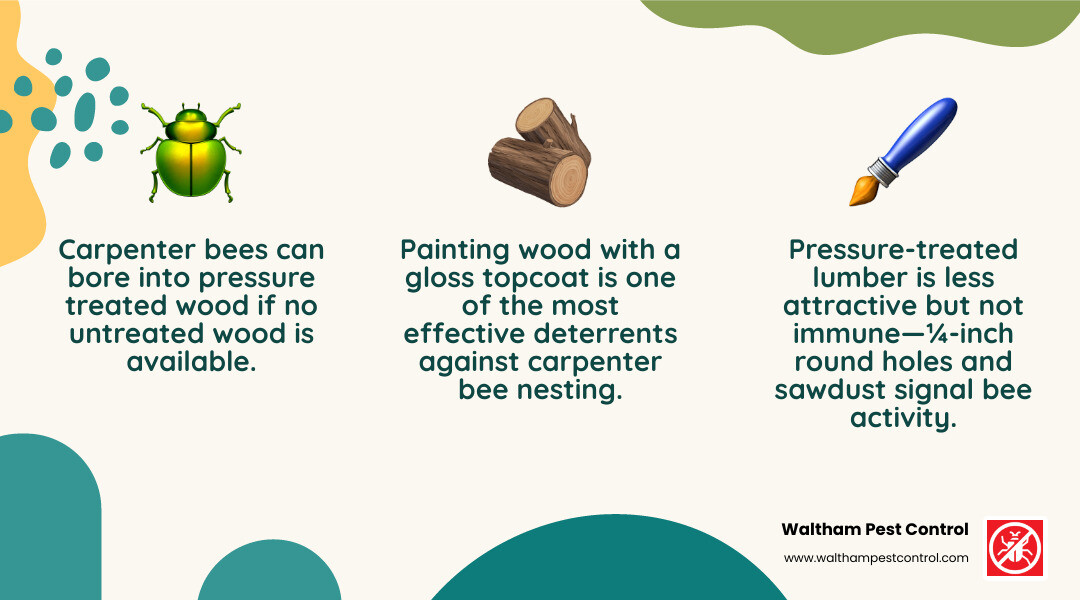 Detailed infographic showing carpenter bee life cycle, boring patterns in pressure treated wood, and prevention methods - carpenter bees and pressure treated wood infographic 3_facts_emoji_nature