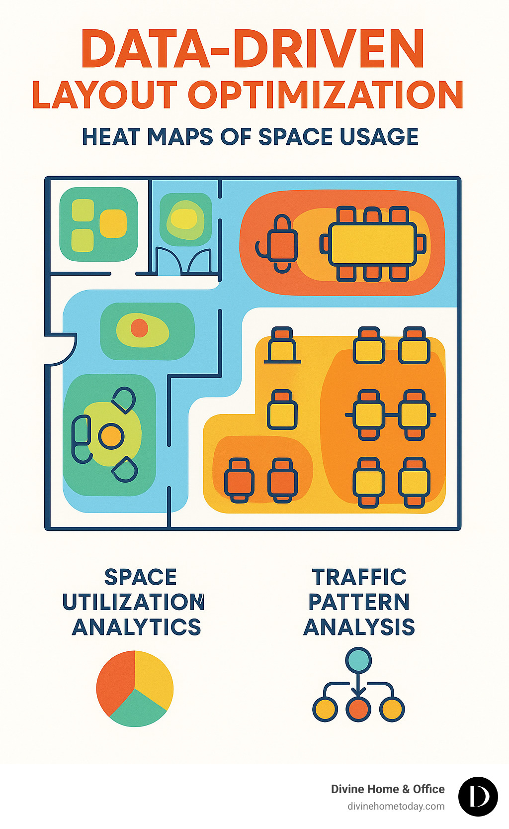 Data-driven layout optimization showing heat maps of space usage - commercial space planning services infographic