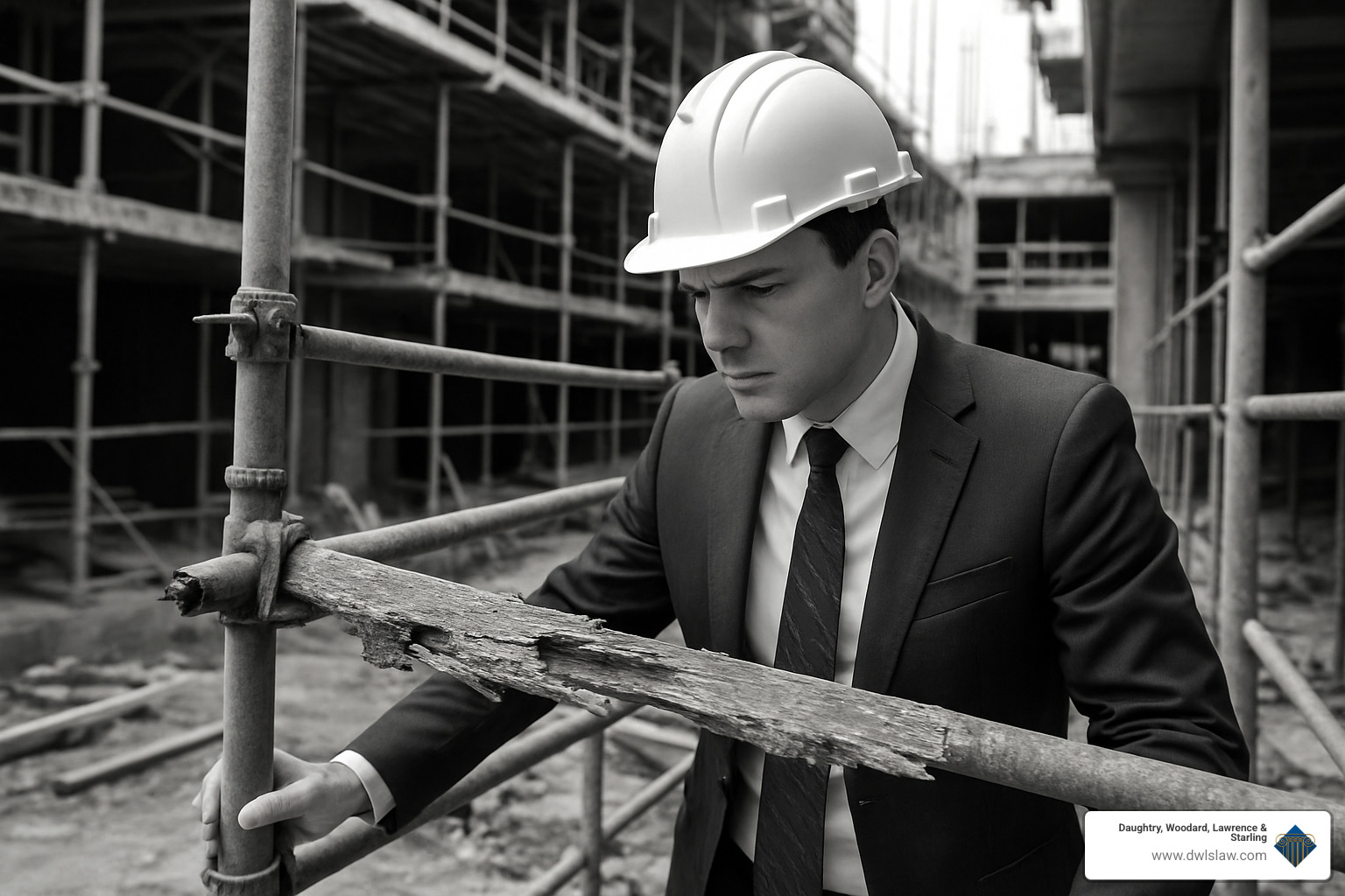 attorney inspecting damaged scaffold at construction site - smithfield construction accident lawyer