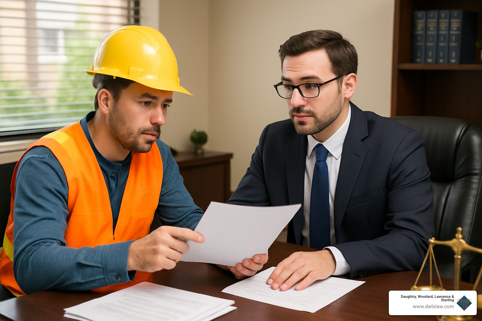 construction worker talking with attorney at office desk - smithfield construction accident lawyer