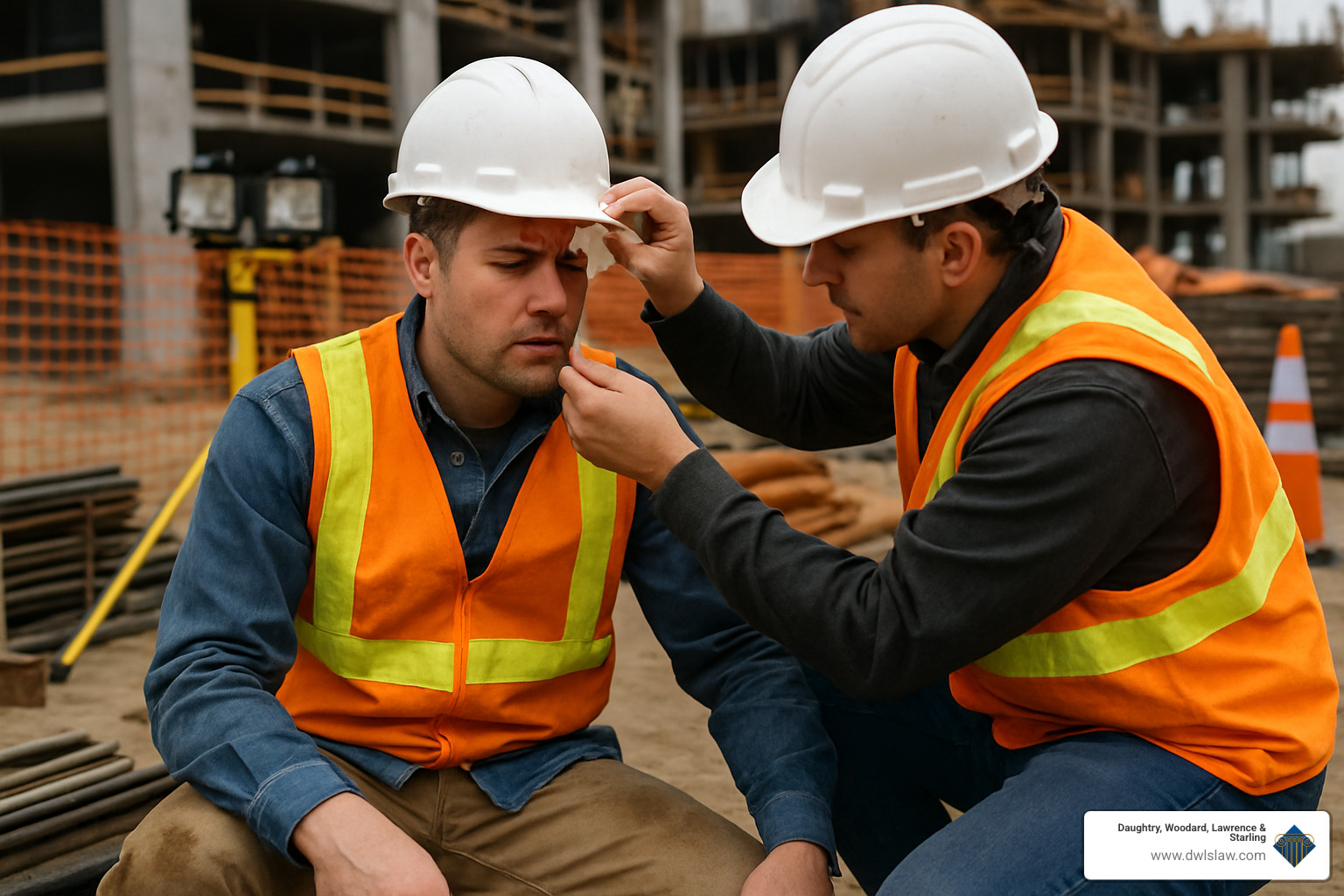 construction worker receiving first aid on site - smithfield construction accident lawyer