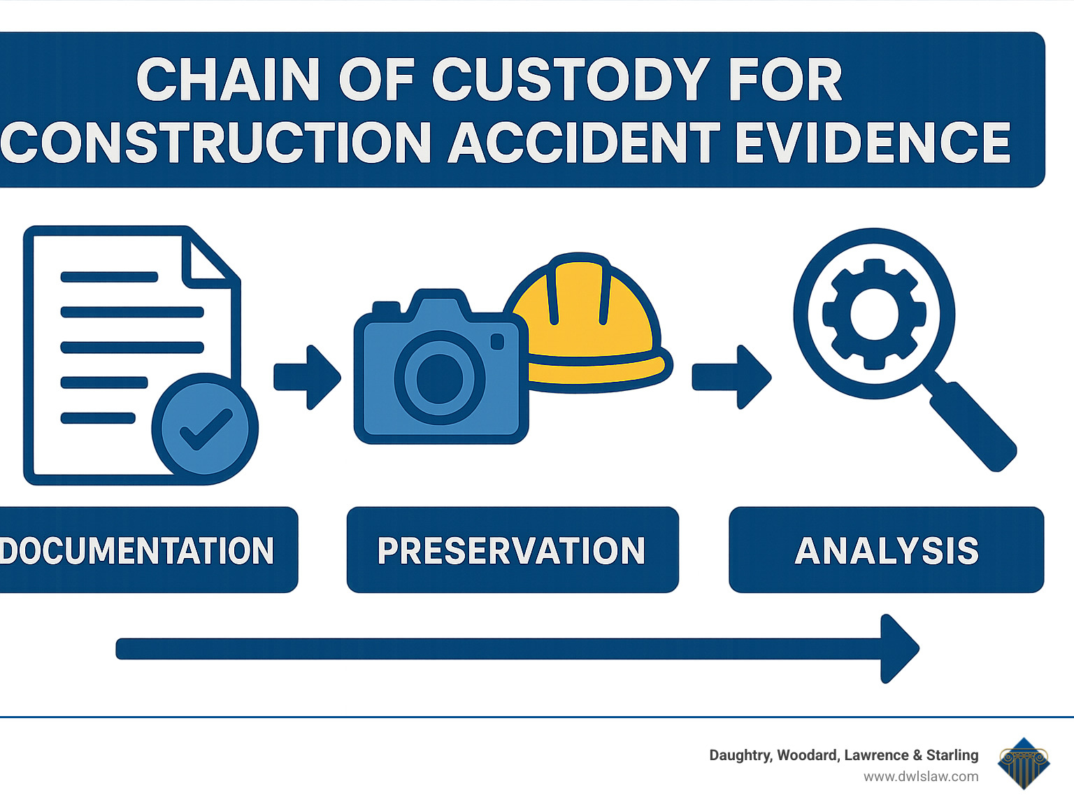 Chain of custody for construction accident evidence showing documentation, preservation, and analysis steps - smithfield construction accident lawyer infographic
