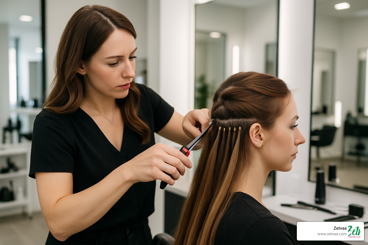Stylist performing I-tip extension maintenance during a salon visit - itip extensions care