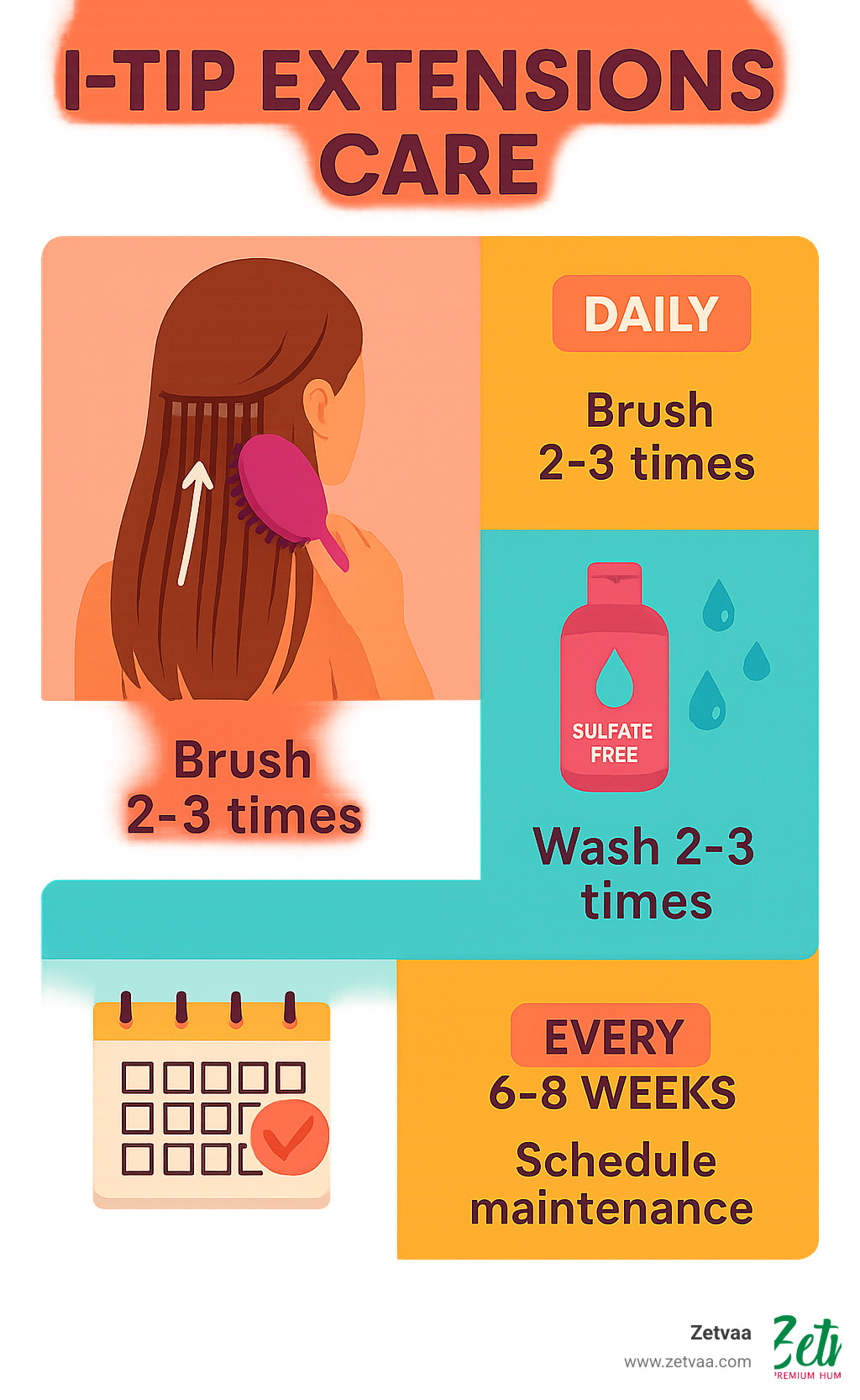 Detailed infographic showing I-tip extensions care timeline with daily brushing, weekly washing schedule, and 6-8 week maintenance appointments - itip extensions care infographic 
