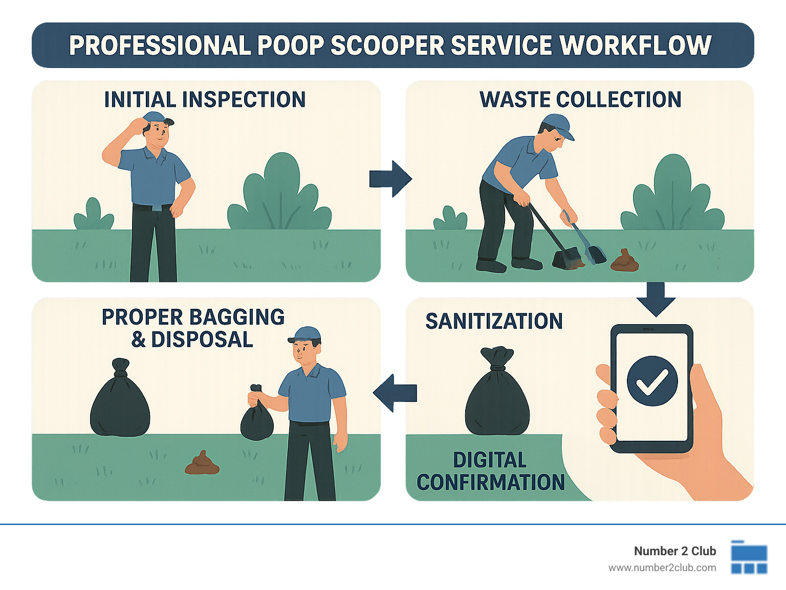 Professional poop scooper service workflow showing initial inspection, waste collection with specialized tools, proper bagging and disposal, sanitization of affected areas, and digital confirmation of completed service - professional poop scoopers infographic 