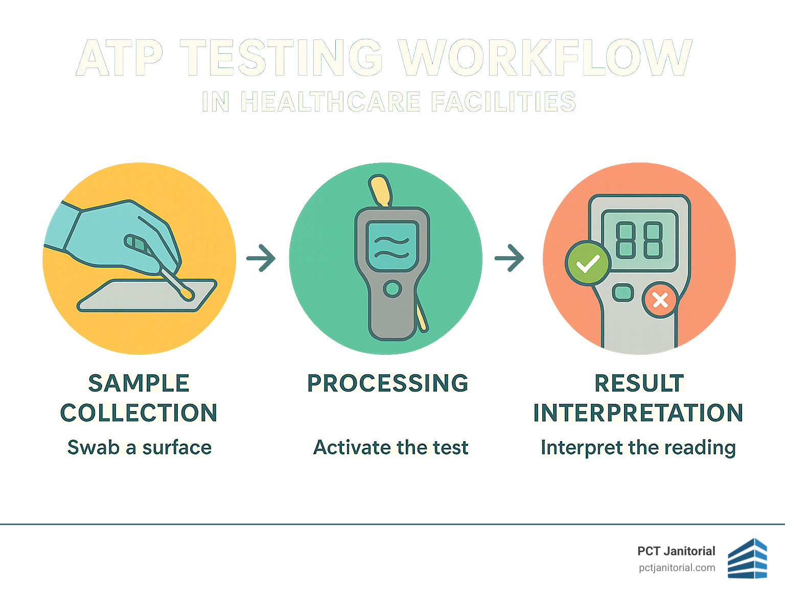 ATP testing workflow showing sample collection, processing, and result interpretation in healthcare environments - healthcare facility cleaning infographic 