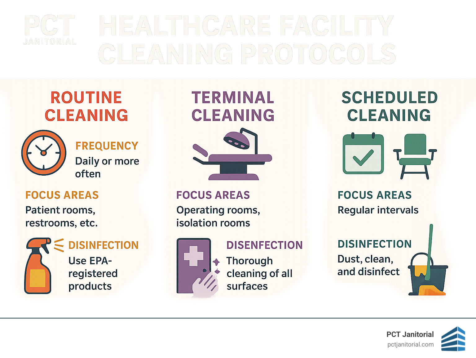 Healthcare facility cleaning protocols showing the differences between routine, terminal, and scheduled cleaning approaches, including frequency requirements, focus areas, and proper disinfection techniques for different healthcare zones - healthcare facility cleaning infographic 