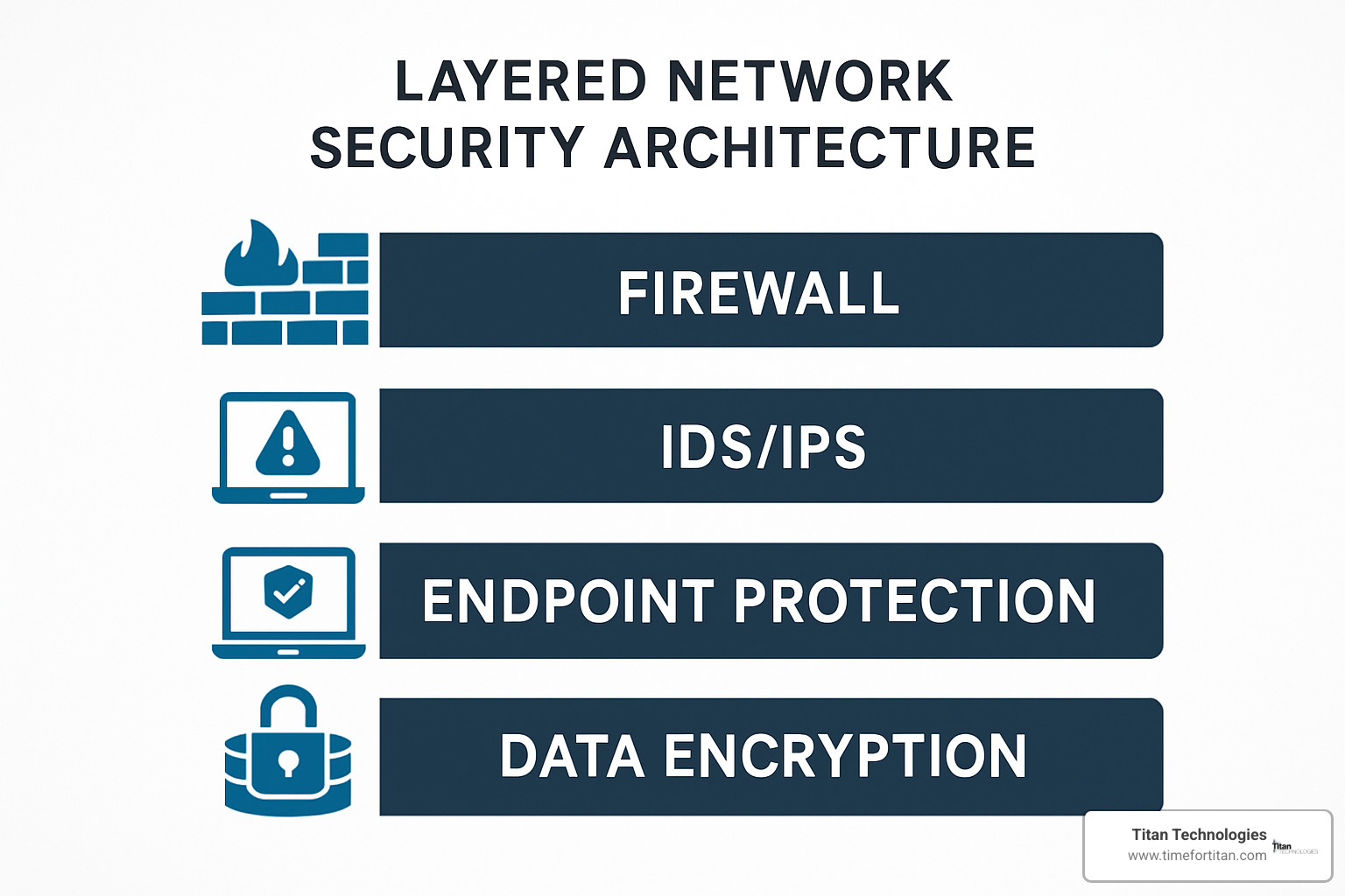 Layered network security architecture showing firewall, IDS/IPS, endpoint protection, and data encryption - network management and administration Layered network security architecture showing firewall, IDS/IPS, endpoint protection, and data encryption - network management and administration