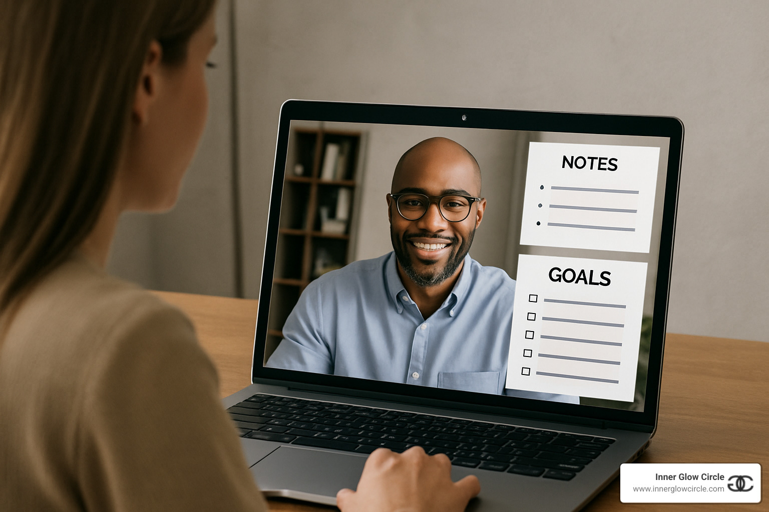 coach and client in a virtual coaching session with notes and goals visible - personal development coaching services