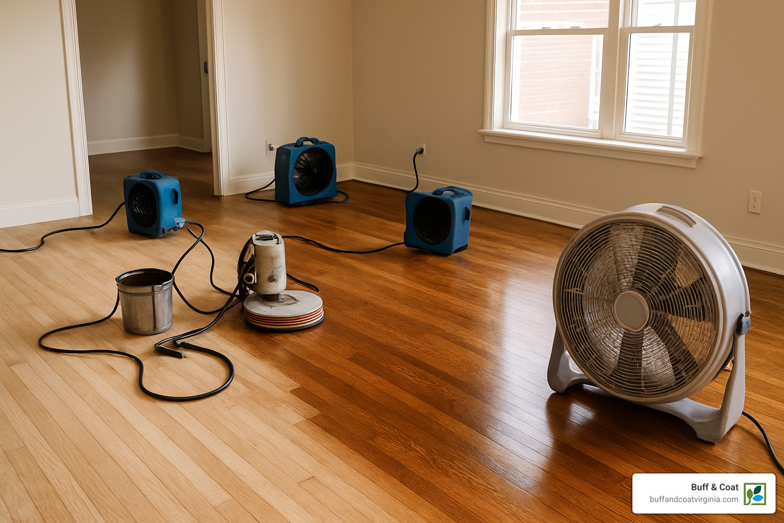 floor refinishing in progress with fans for curing - refinishing floors near me