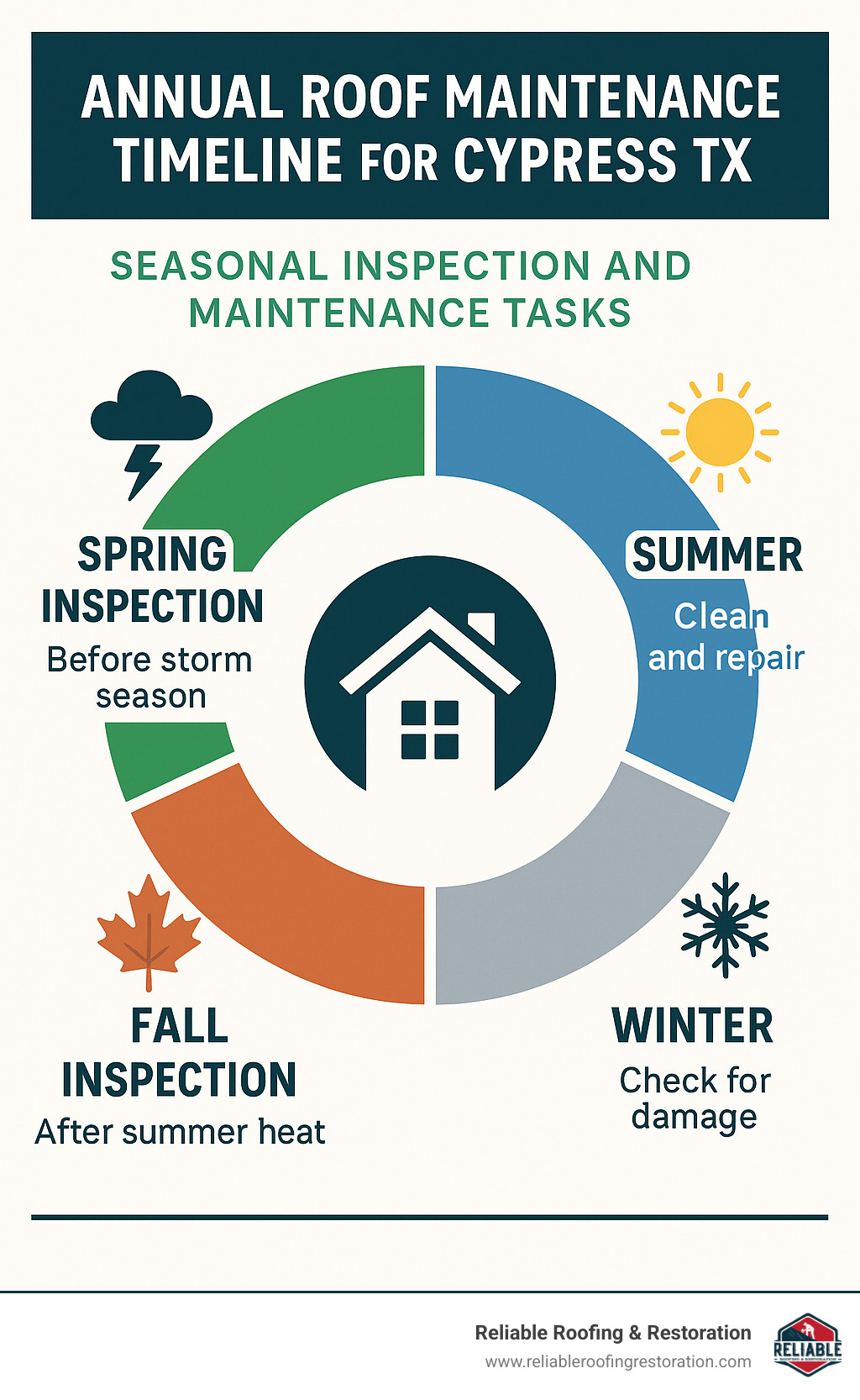 Annual roof maintenance timeline for Cypress TX showing seasonal inspection and maintenance tasks - affordable roof repair cypress tx infographic 
