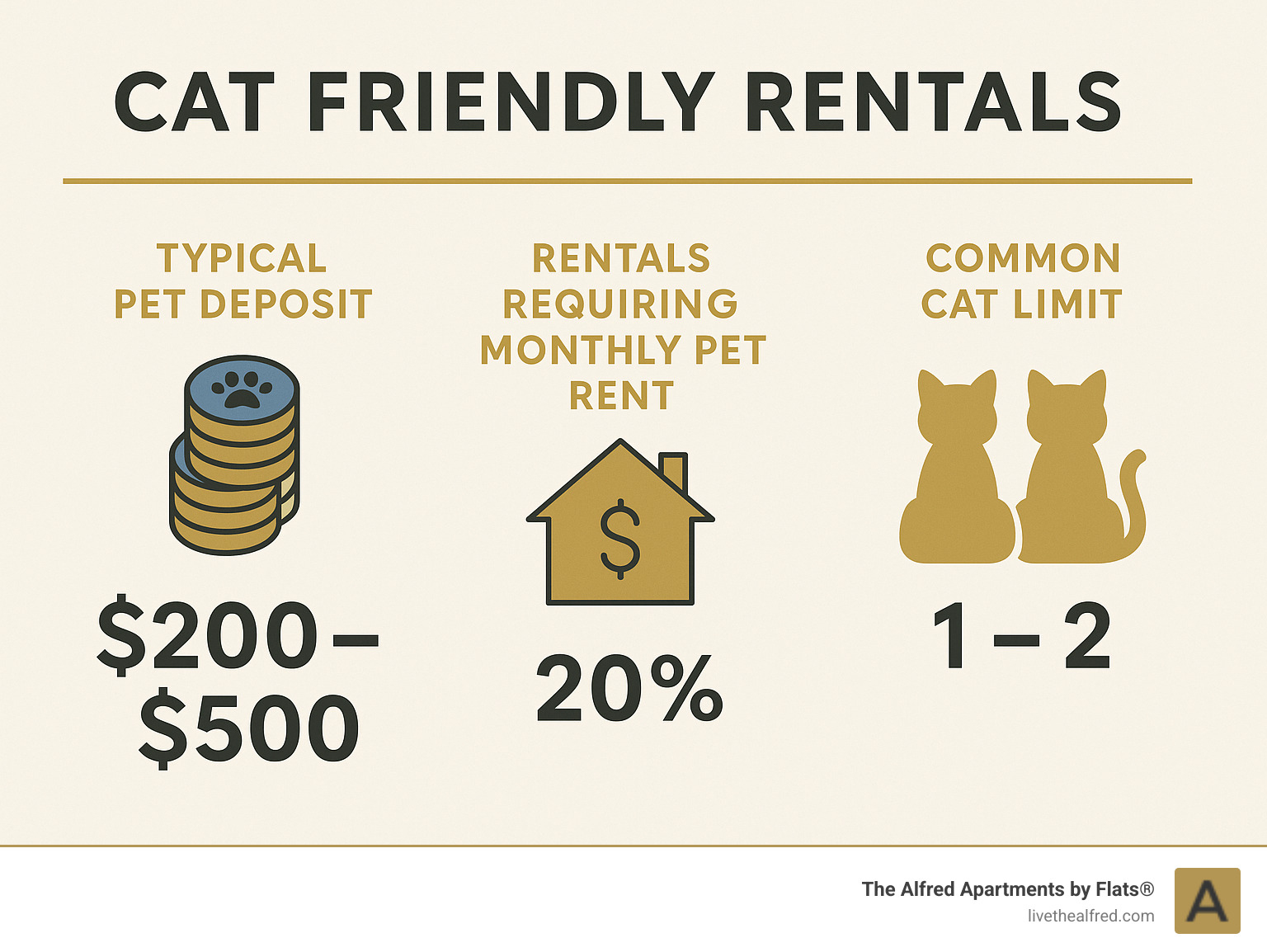 Infographic showing typical pet deposit ranges, percentage of rentals requiring monthly pet rent, and common cat number limitations in rental properties across different U.S. regions - cat friendly rentals infographic 