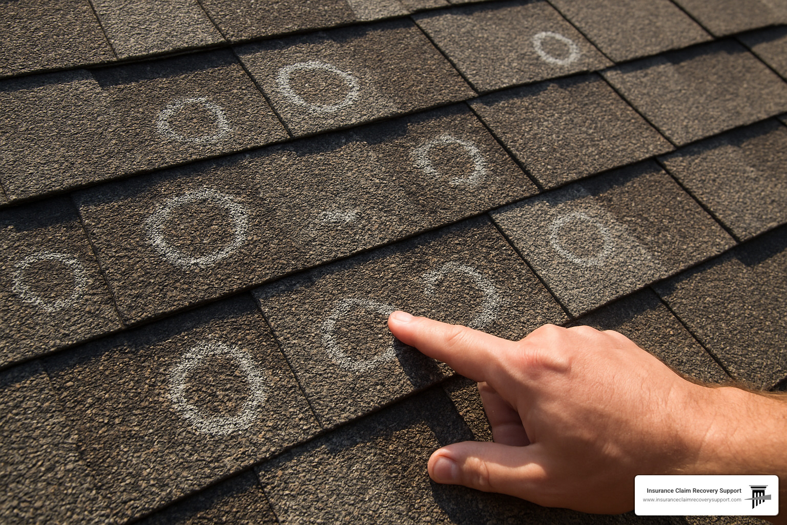 hail damage inspection on a roof showing impact marks and granule loss - hail damage insurance process