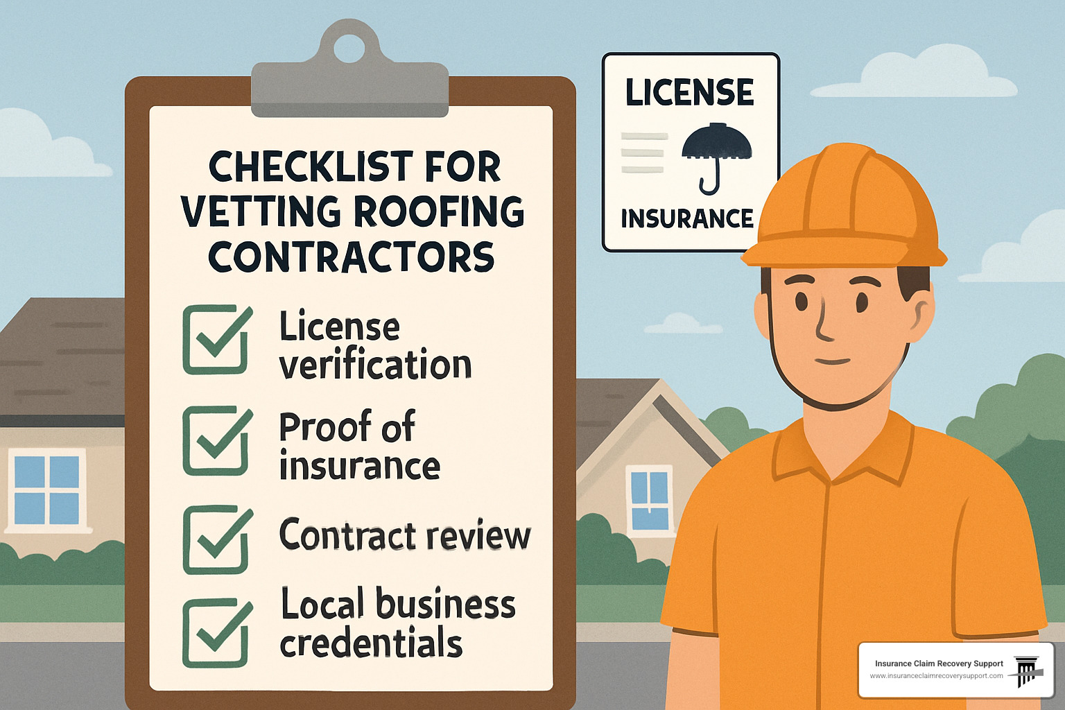 checklist for vetting roofing contractors showing license verification, insurance requirements, and contract essentials - hail damage insurance process