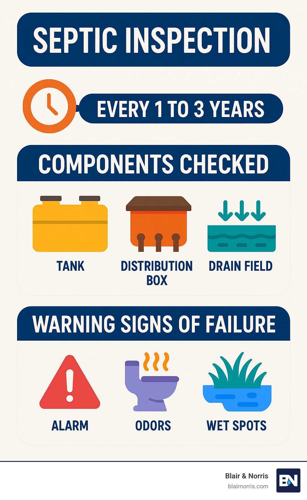 Septic inspection process showing timeline, components checked, and warning signs of failure - septic inspection infographic 
