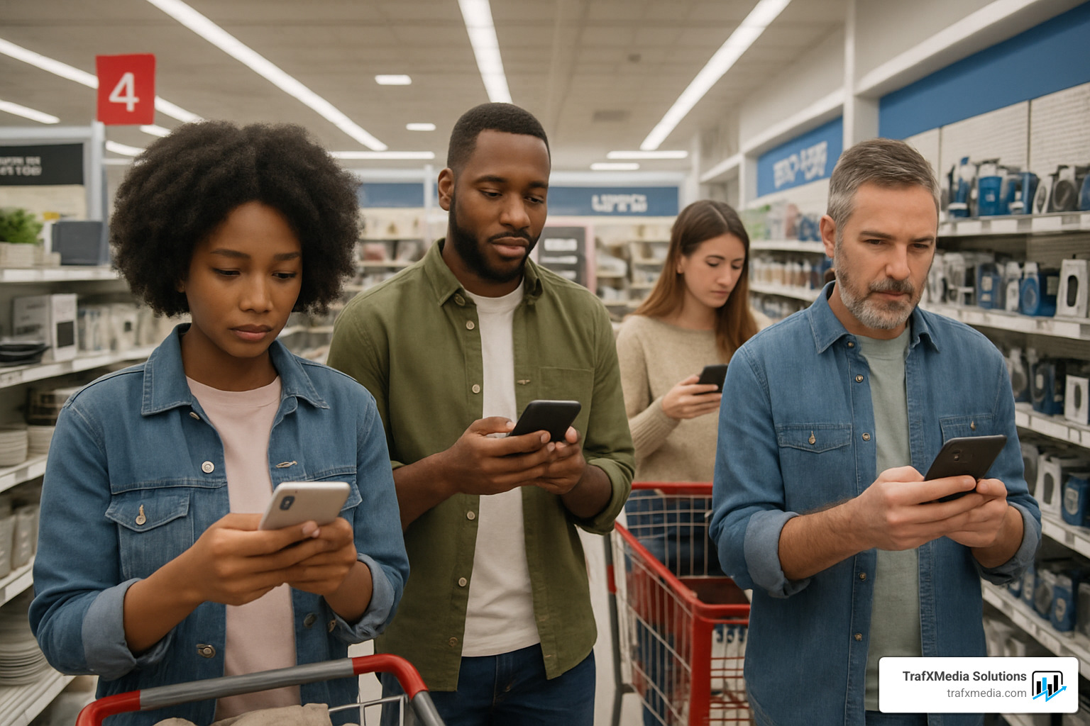 customers reading online reviews on smartphones while shopping in a local store - local SEO reputation management