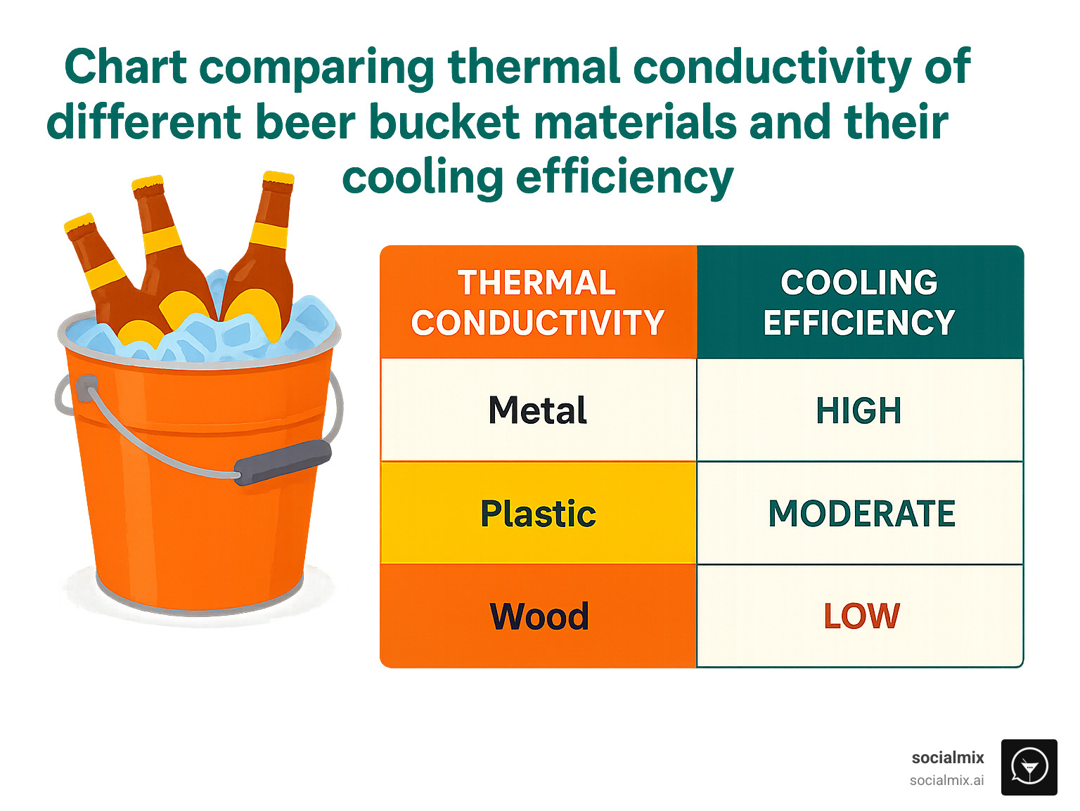 Chart comparing thermal conductivity of different beer bucket materials and their cooling efficiency - accessories for beer infographic 