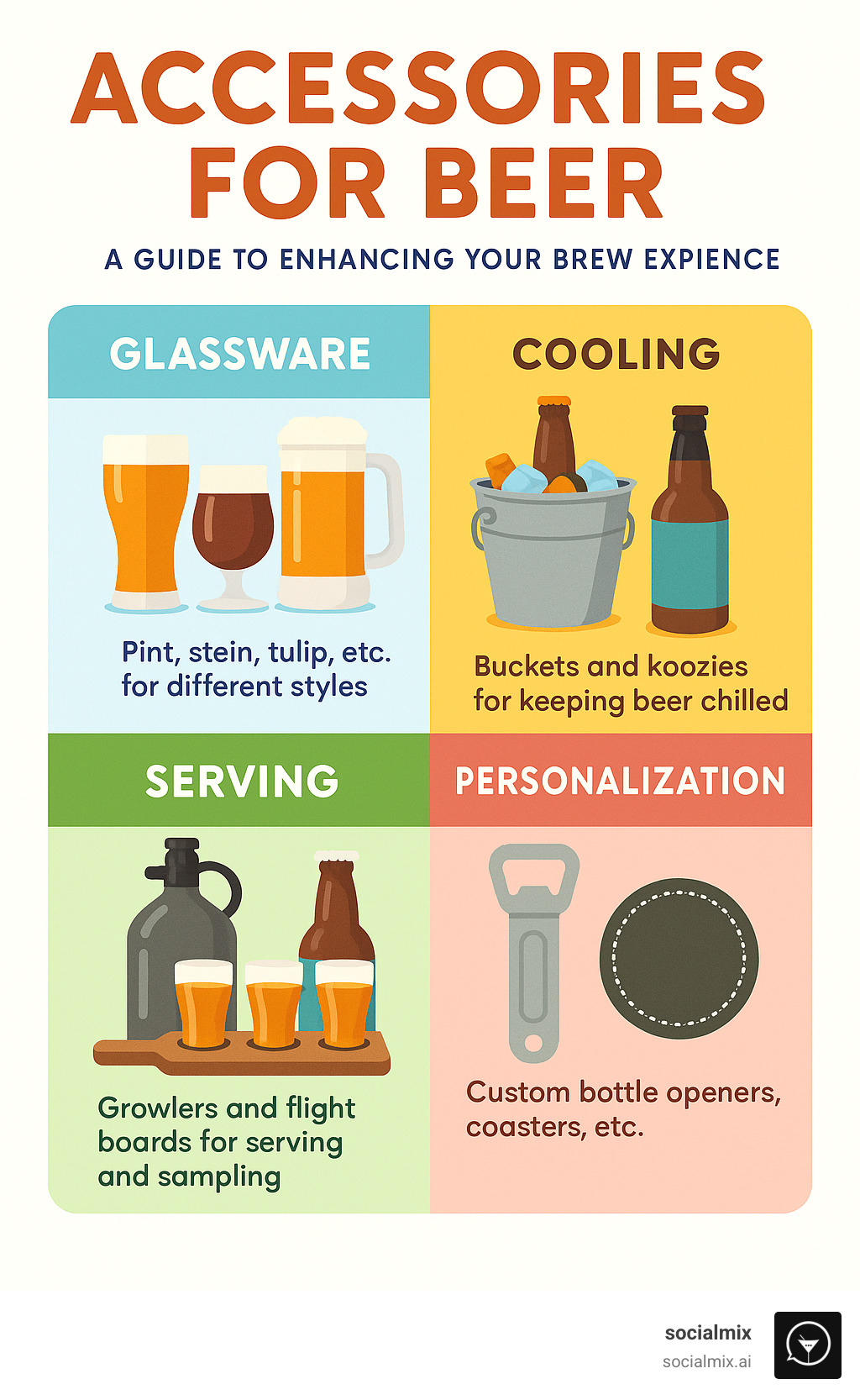 Comprehensive infographic showing categories of beer accessories including glassware types, cooling solutions, serving tools, and personalization options with brief descriptions of each - accessories for beer infographic 