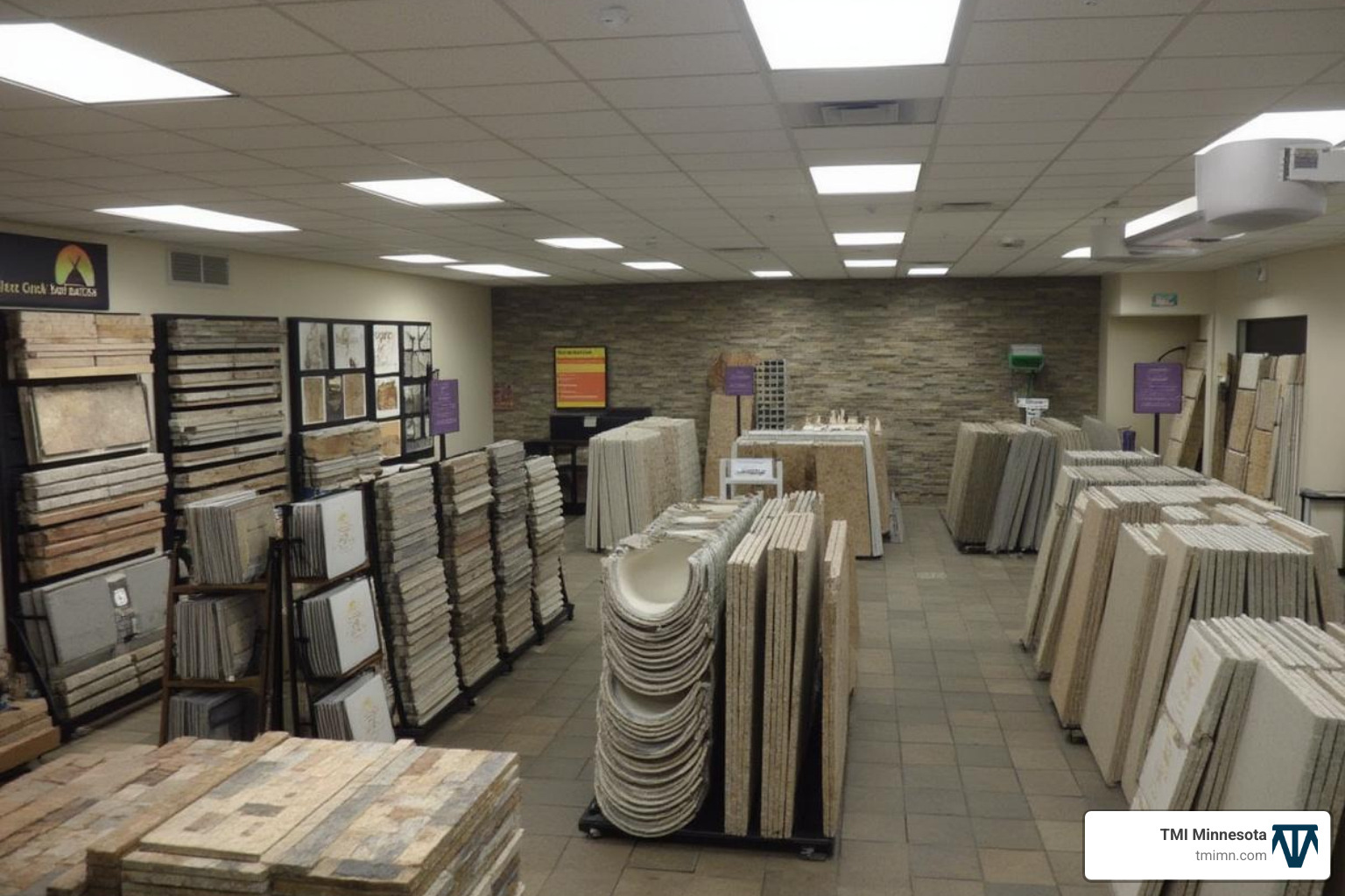 different hardscape materials displayed in a showroom - hardscape installations