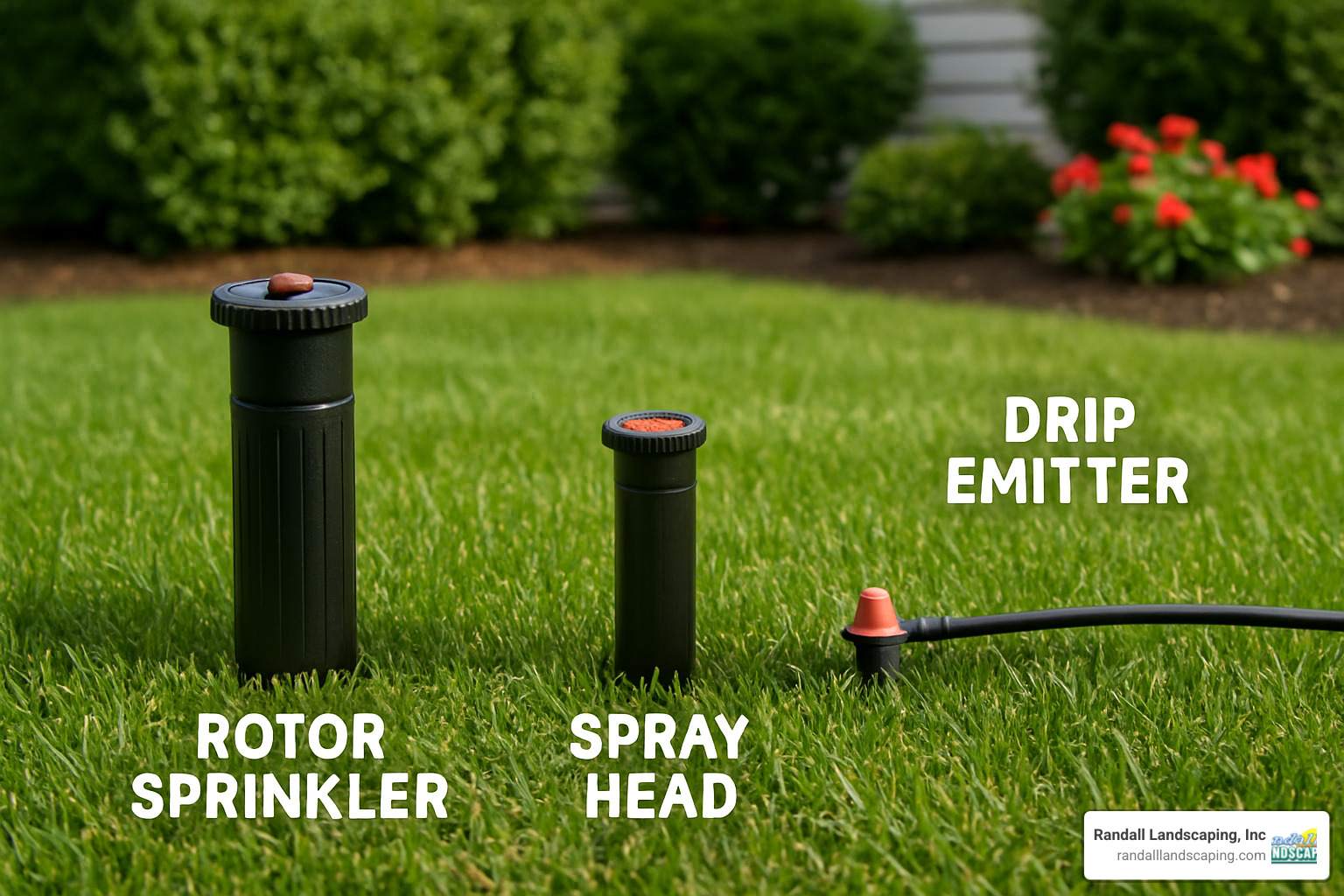 Different sprinkler heads for various landscape needs - rotors for large areas, spray heads for medium areas, drip irrigation for plant beds - professional sprinkler system installation
