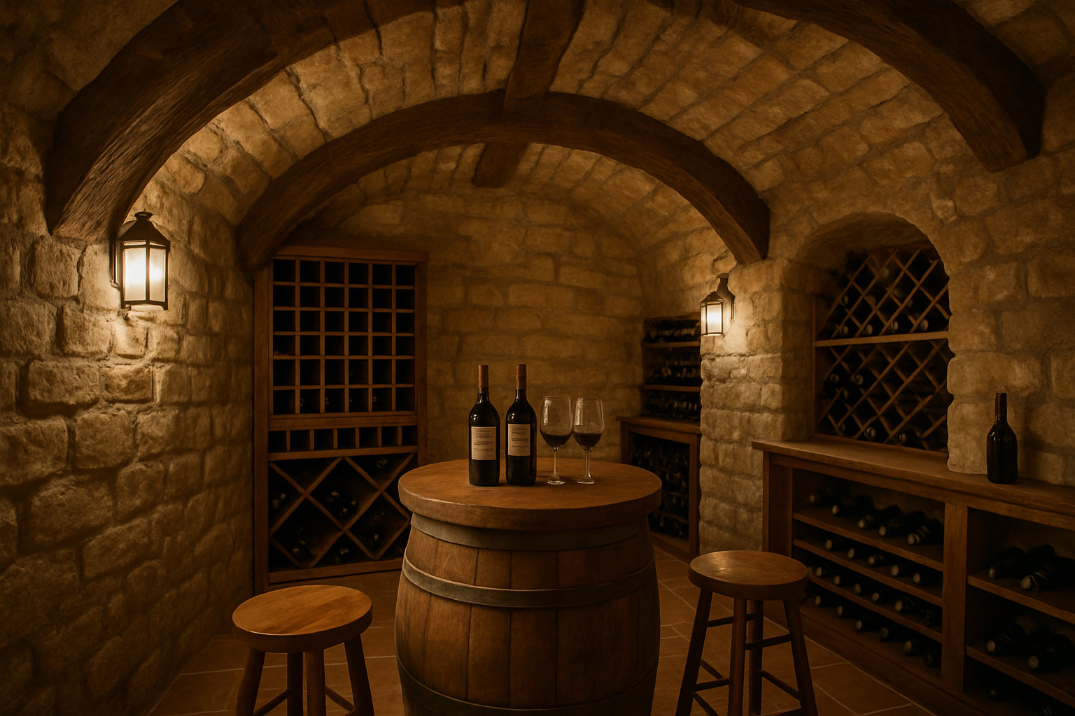 rustic wine cellar with stone walls and barrel vault ceiling - cellar decorating ideas