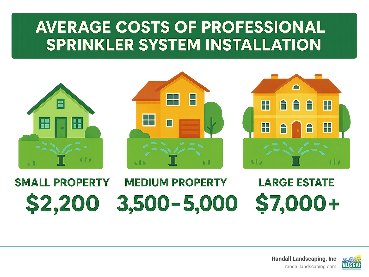 Average costs of professional sprinkler system installation based on property size, showing price ranges from $2,200 for small properties to $7,000+ for large estates - professional sprinkler system installation infographic 