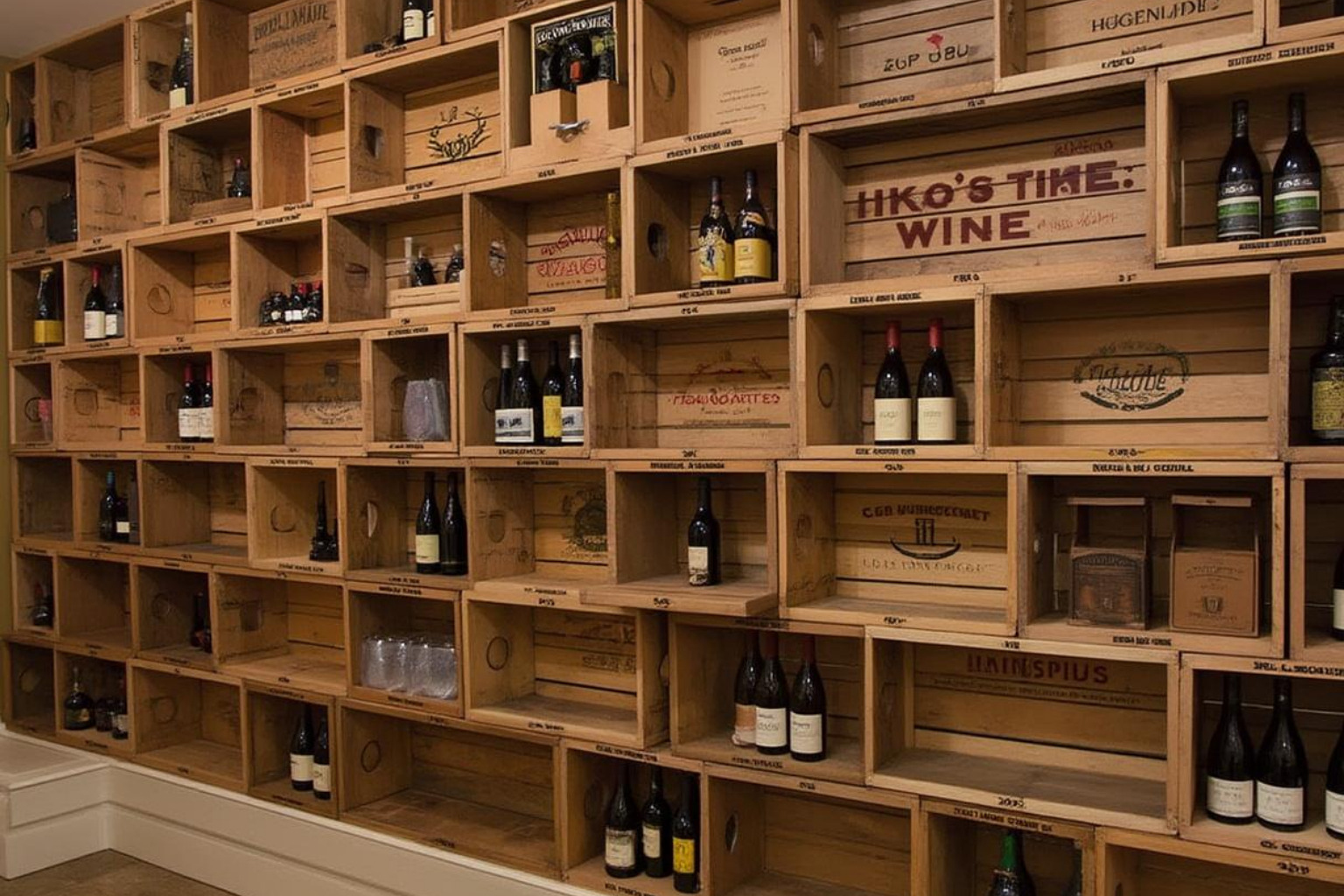 wine crate wall with vintage crates arranged as shelving - cellar decorating ideas